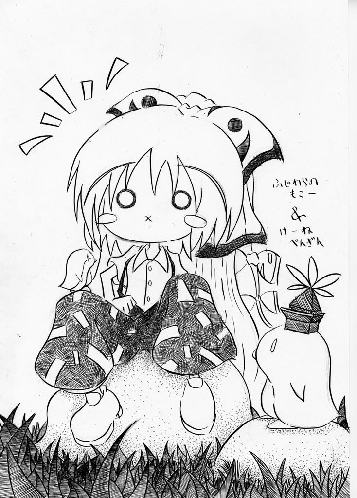 soyanrai, fujiwara no mokou, kamishirasawa keine, touhou, bad id, bad pixiv id, nib pen (medium), pen (medium), traditional media, translation request, 1girl, bird, chibi, cosplay, female focus, greyscale, kamishirasawa keine (cosplay), monochrome, o o, penguin, solo, x mouth