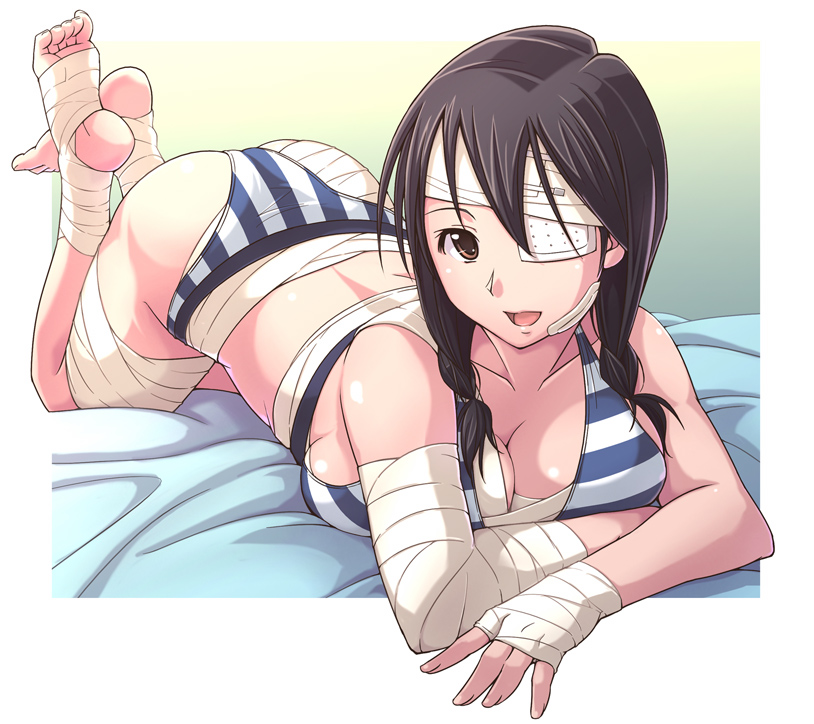e20, kobushi abiru, sayonara zetsubou sensei, 00s, 1girl, all fours, ass, bandages, bare shoulders, barefoot, bikini, braid, breast press, breasts, brown eyes, cleavage, collarbone, eyepatch, feet, female focus, large breasts, looking at viewer, lying, on stomach, sideboob, soles, solo, striped bikini, striped clothes, swimsuit, toes, twin braids