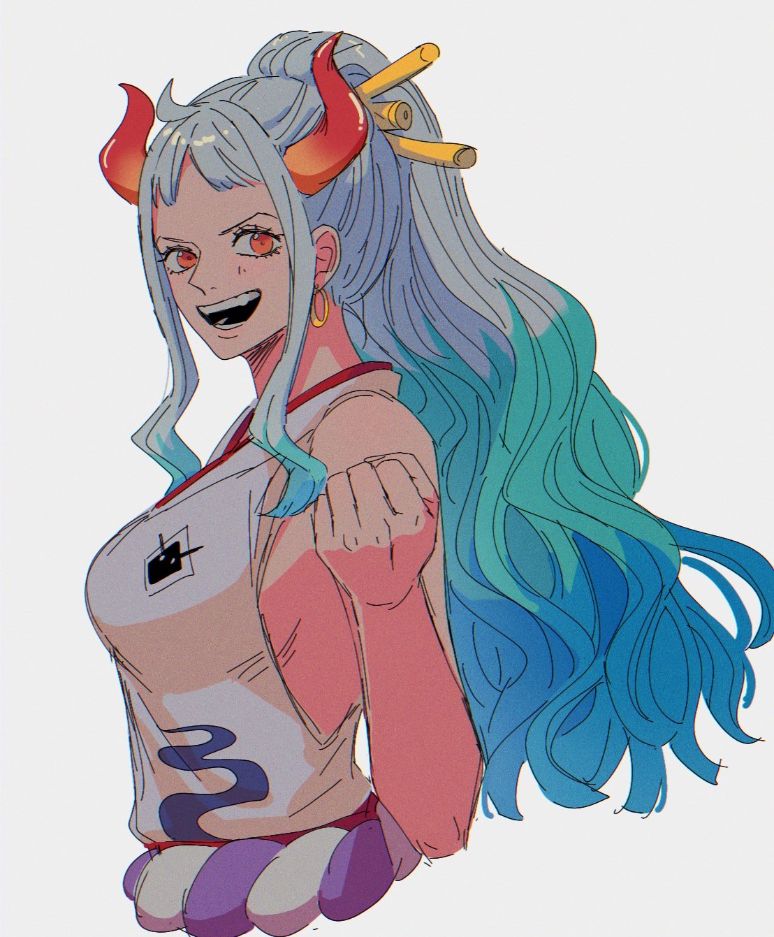 hdksz 39, yamato (one piece), one piece, commentary, highres, 1girl, aqua hair, blue hair, clenched hand, hair ornament, horns, japanese clothes, kimono, open mouth, ponytail, profile, red horns, rope, shimenawa, sidelocks, simple background, sleeveless, sleeveless kimono, smile, solo, white background, white hair