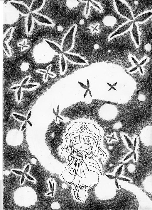 soyanrai, saigyouji yuyuko, touhou, bad id, bad pixiv id, nib pen (medium), pen (medium), traditional media, 1girl, bug, butterfly, chibi, closed eyes, female focus, greyscale, insect, monochrome, solo, x mouth