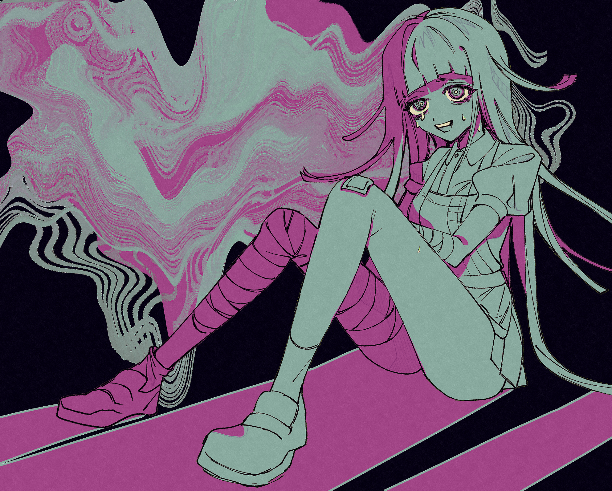 hamipuro, tsumiki mikan, danganronpa (series), danganronpa 2: goodbye despair, commentary request, highres, partial commentary, 1girl, bandaged arm, bandaged leg, bandages, bandaid, bandaid on knee, bandaid on leg, black background, crazy eyes, distortion, eyelashes, knees up, long hair, looking at viewer, nurse, open mouth, pink theme, puffy short sleeves, puffy sleeves, ringed eyes, short sleeves, sitting, skirt, smile, solo, tears, very long hair