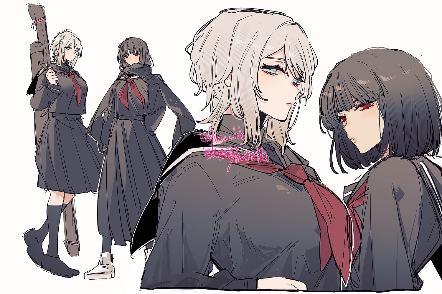 09wave hb, faust (project moon), ryoshu (project moon), limbus company, project moon, 2girls, alternate costume, black hair, black shoes, black skirt, black socks, breasts, large breasts, long hair, looking at viewer, medium hair, multiple girls, neckerchief, pleated skirt, red eyes, red neckerchief, school uniform, shoes, simple background, skirt, socks, standing, white background, white hair