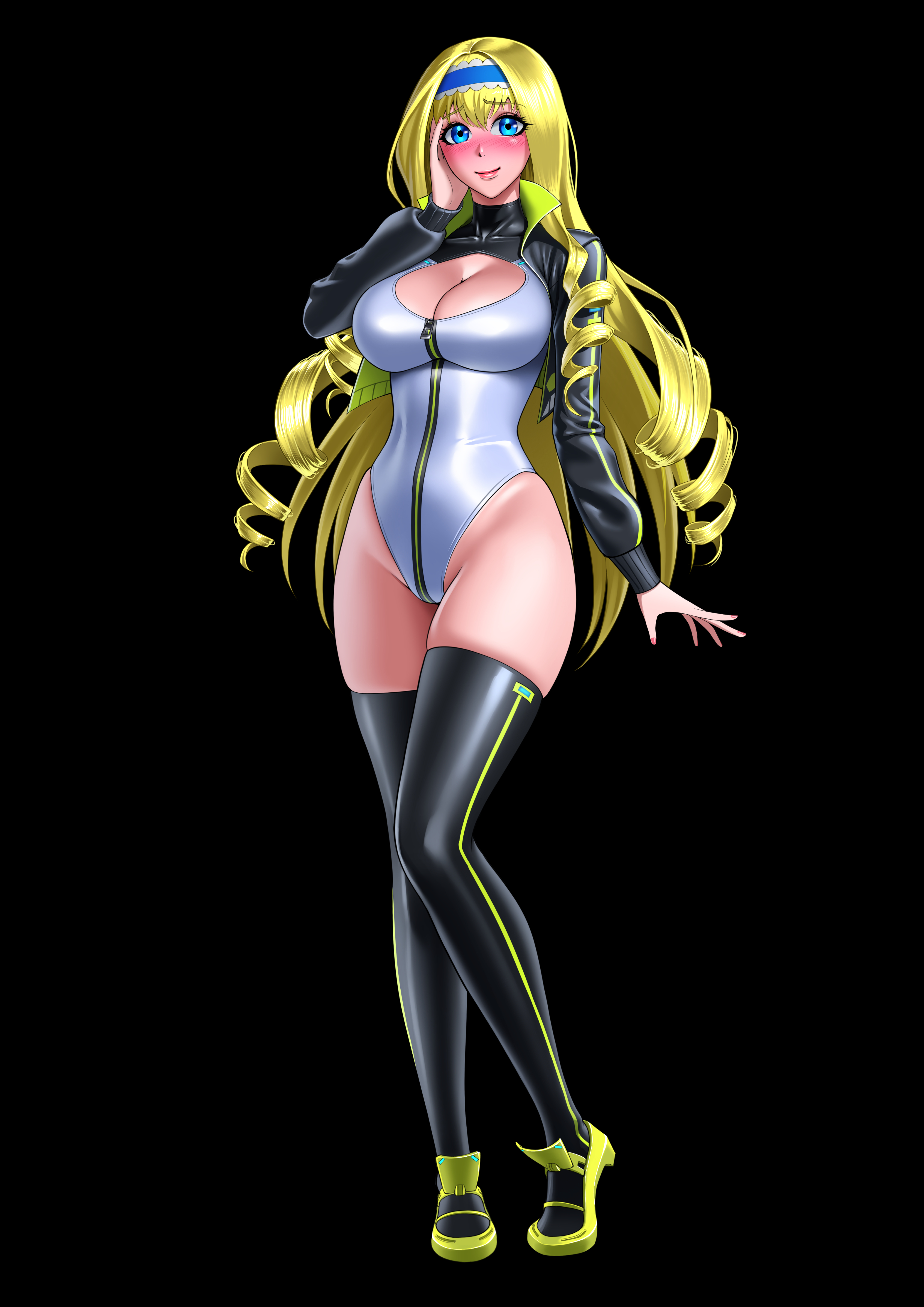 yossan illust, cecilia alcott, alice gear aegis, infinite stratos, absurdres, commentary request, commission, highres, pixiv commission, 1girl, black background, black jacket, black thighhighs, blonde hair, blue eyes, blue hairband, breasts, circle cutout, cleavage, cleavage cutout, clothing cutout, companion/af, covered collarbone, drill hair, front zipper, full-length zipper, full body, green shoes, hairband, hand on own hip, heattech leotard, highleg, highleg leotard, jacket, large breasts, leotard, long hair, multicolored leotard, race queen, shoes, simple background, solo, thighhighs, turtleneck, two-tone leotard, white leotard, zipper, zipper leotard, zipper pull tab