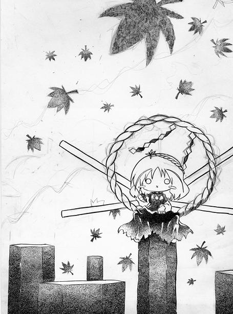 soyanrai, yasaka kanako, touhou, bad id, bad pixiv id, nib pen (medium), pen (medium), traditional media, 1girl, chibi, female focus, greyscale, monochrome, o o, onbashira, rope, shide, shimenawa, solo, x mouth