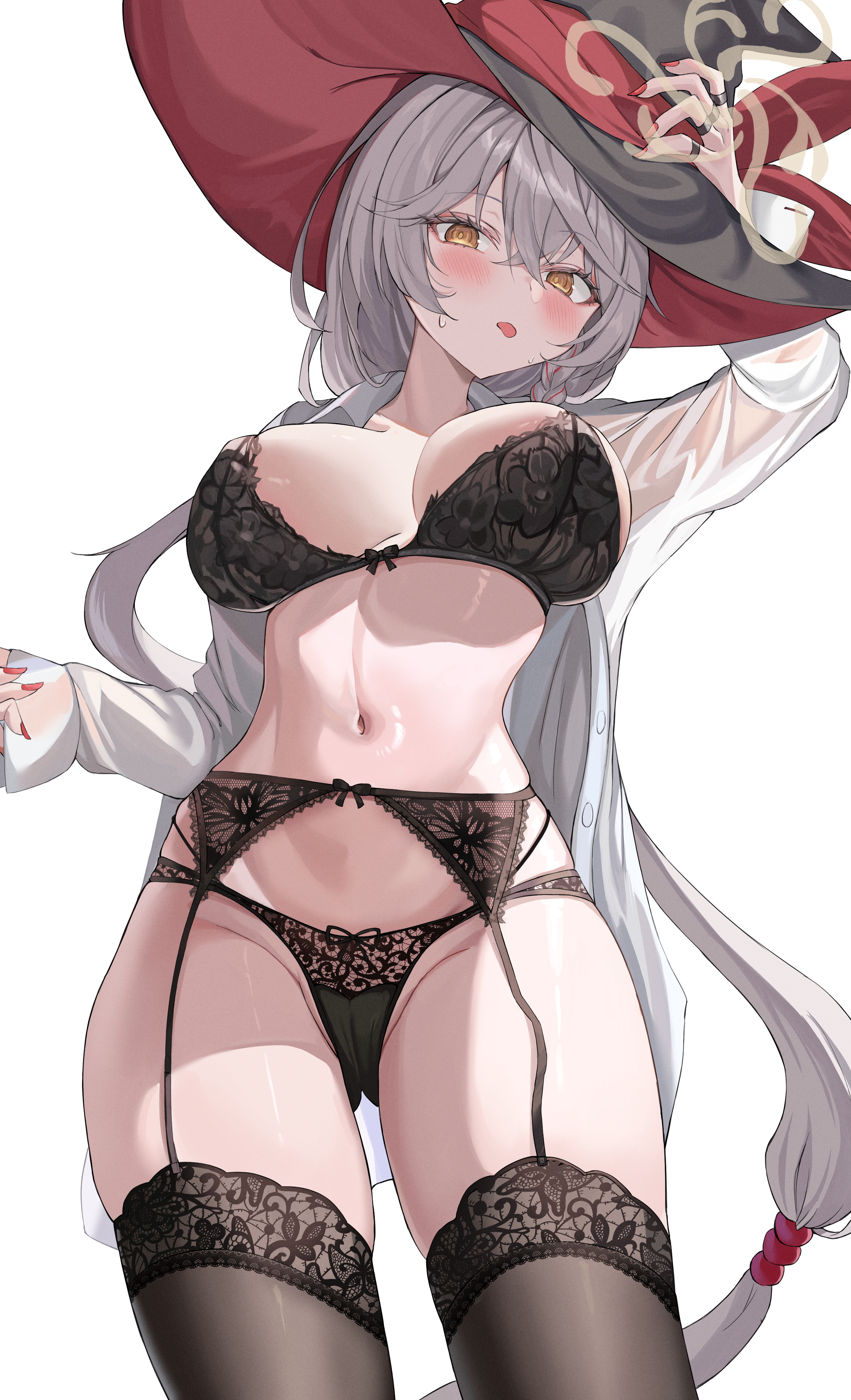 harune rane, eri (blue archive), blue archive, absurdres, commentary, highres, 1girl, arm up, black bow, black bra, black hat, black panties, black thighhighs, blush, bow, bow bra, bow panties, bra, braid, breasts, breasts apart, brown halo, cameltoe, collared shirt, cowboy shot, crossed bangs, fingernails, floral print, garter belt, grey hair, groin, hair between eyes, halo, hand on headwear, hand up, hat, hat bow, jewelry, large breasts, lingerie, long fingernails, long hair, long sleeves, looking at viewer, low-tied long hair, low ponytail, multi-strapped panties, multicolored hair, multiple rings, nail polish, navel, no pants, open clothes, open shirt, panties, ponytail, print bra, red bow, red hat, red nails, red streaks, ring, see-through clothes, see-through shirt, shirt, side braid, side halo, simple background, single braid, sleeves past wrists, solo, standing, stomach, streaked hair, sweatdrop, thighhighs, tongue, tongue out, two-sided fabric, two-sided headwear, underwear, very long hair, white background, white shirt, witch hat, yellow eyes