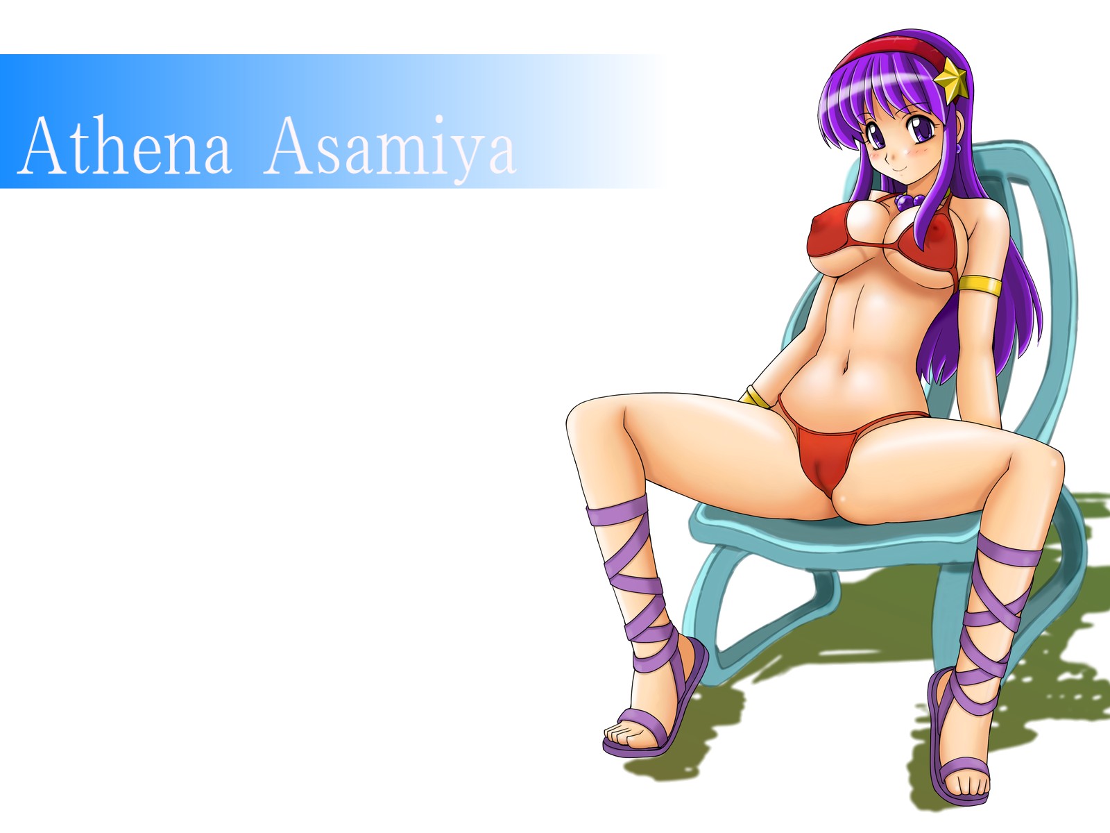 tsumitani daisuke, asamiya athena, snk, the king of fighters, highres, 1girl, armband, bikini, breasts, cameltoe, chair, covered erect nipples, female focus, hairband, jewelry, large breasts, long hair, navel, necklace, purple eyes, purple hair, smile, solo, spread legs, string bikini, swimsuit