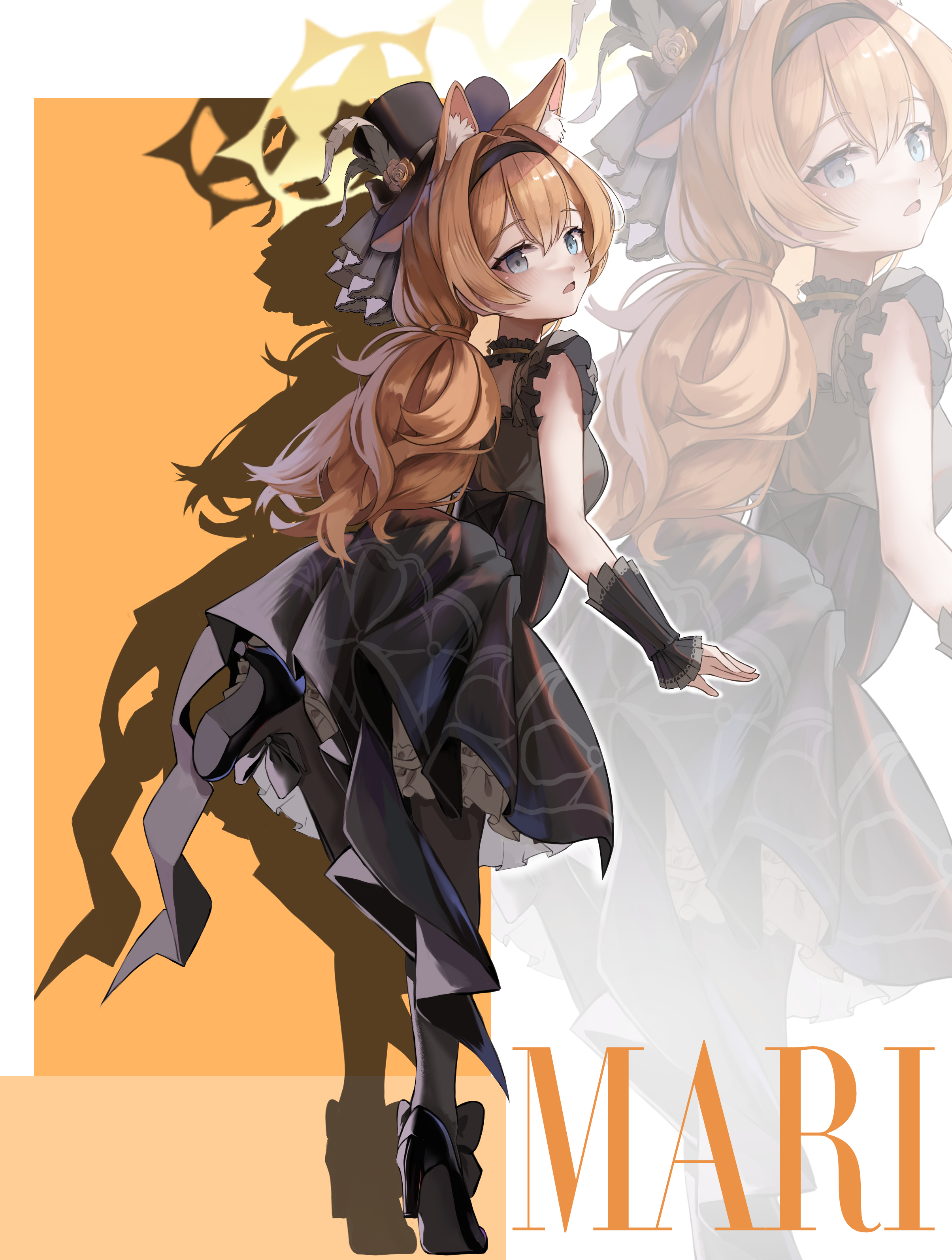 lazy jeyuk bokkeum, mari (blue archive), mari (idol) (blue archive), blue archive, absurdres, commentary request, highres, korean commentary, 1girl, animal ear fluff, animal ears, black hairband, black hat, black pantyhose, black shoes, black skirt, blue eyes, blush, cat ears, cat girl, grey shirt, hairband, halo, hat, idol, looking at viewer, low ponytail, multicolored hair, official alternate costume, official alternate hairstyle, open mouth, orange hair, pantyhose, ponytail, shirt, shoes, skirt, sleeveless, sleeveless shirt, solo, standing, standing on one leg, streaked hair, wrist cuffs, yellow halo