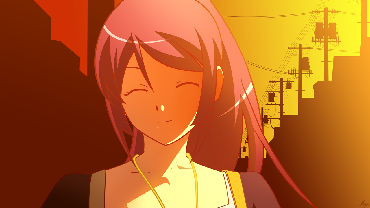 senjougahara hitagi, bakemonogatari, monogatari (series), derivative work, vector trace, 00s, 1girl, ^ ^, closed eyes, female focus, long hair, outdoors, purple hair, sky, solo