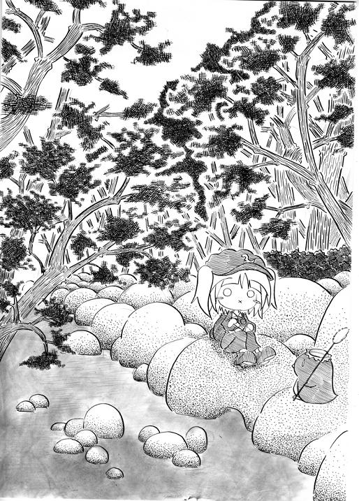 soyanrai, kawashiro nitori, touhou, bad id, bad pixiv id, nib pen (medium), pen (medium), traditional media, 1girl, bird, chibi, female focus, forest, greyscale, kappa, monochrome, nature, o o, penguin, river, scenery, solo, x mouth