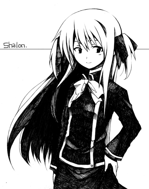 sakugo, shalon, quiz magic academy, 1girl, blush, bow, bowtie, coat, collar, contrapposto, cowboy shot, female focus, greyscale, hair ribbon, hand on own hip, hip focus, long hair, long sleeves, looking at viewer, monochrome, ribbon, solo, standing, very long hair