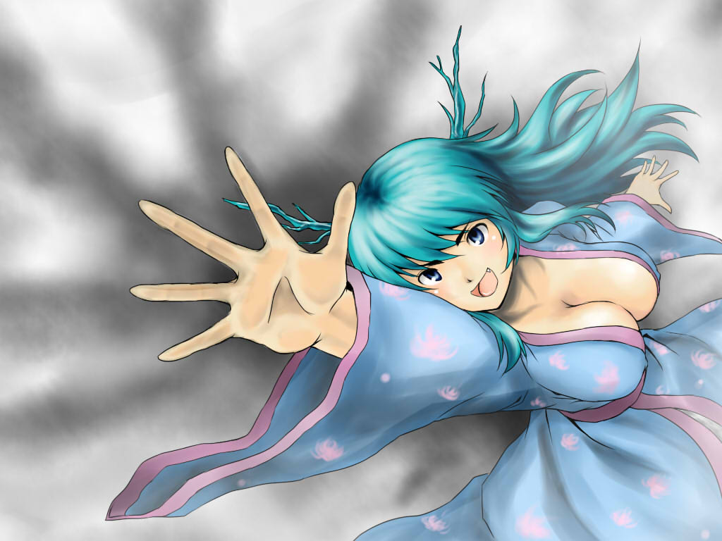 hotpants (i'm hot yet!), sashiromiya sasha, original, touhou, 1girl, blue eyes, blue hair, breasts, cleavage, fang, female focus, japanese clothes, large breasts, long hair, matching hair/eyes, solo