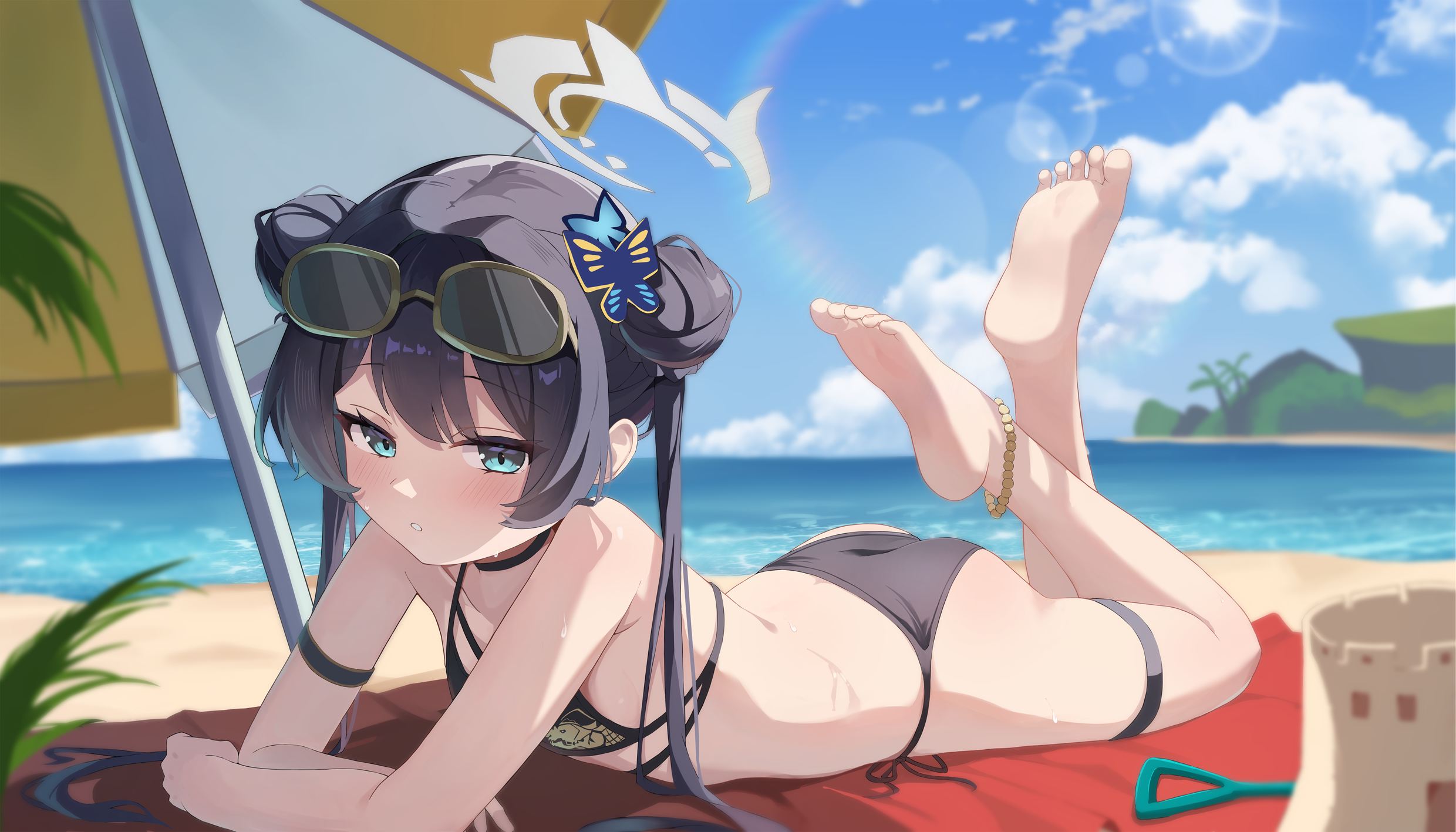 kisaki (blue archive), blue archive, artist request, highres, 1girl, alternate costume, aqua eyes, arm strap, barefoot, beach, bikini, black bikini, black hair, blush, day, double bun, feet, hair bun, halo, long hair, looking at viewer, lying, ocean, on stomach, outdoors, parasol, parted lips, sand castle, sand sculpture, soles, solo, swimsuit, twintails, umbrella, water