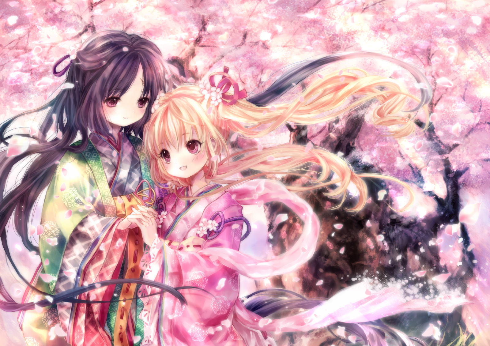 onineko, original, bad id, bad pixiv id, highres, 2girls, blonde hair, blush, brown hair, cherry blossoms, hair ornament, holding hands, japanese clothes, long hair, multiple girls, orange hair, petals, pink eyes, red eyes, smile, wind, yuri