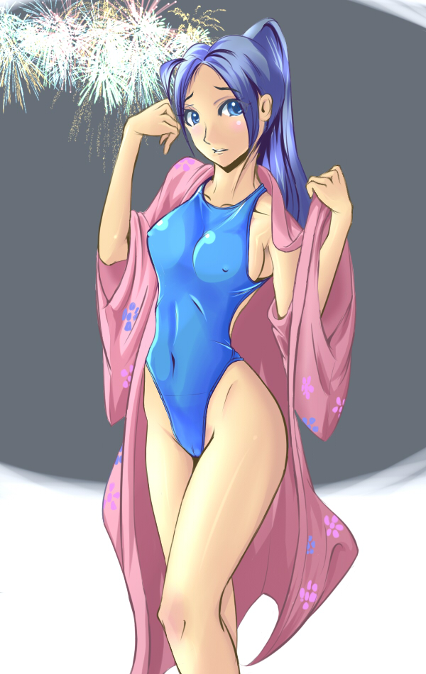 saitou (sugarsa10), aono miki, fresh precure!, precure, bad id, bad pixiv id, md5 mismatch, 00s, 1girl, aerial fireworks, blue eyes, blue hair, breasts, cameltoe, competition swimsuit, covered erect nipples, female focus, fireworks, highleg, highleg one-piece swimsuit, japanese clothes, kimono, long hair, matching hair/eyes, medium breasts, one-piece swimsuit, open clothes, open shirt, pink kimono, ponytail, shirt, solo, swimsuit, yukata