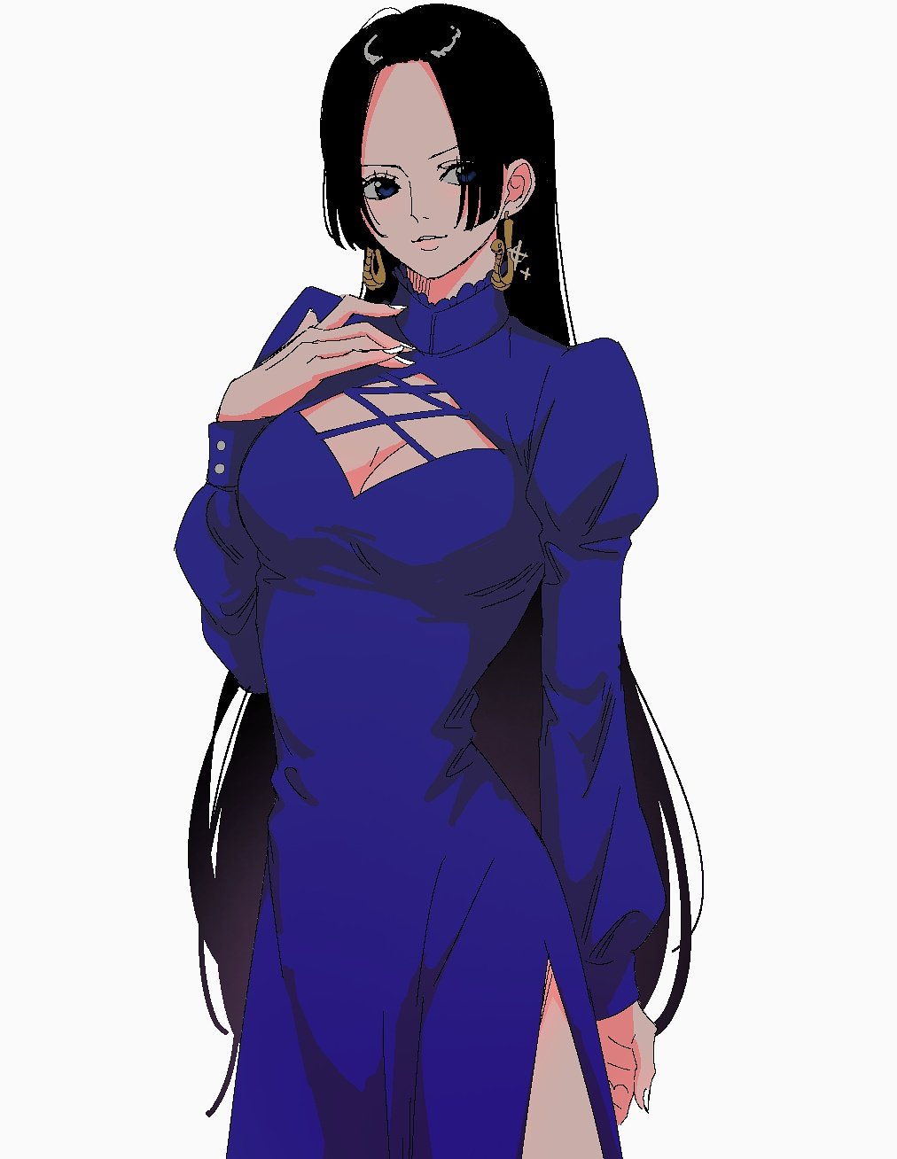 hdksz 39, boa hancock, one piece, commentary, highres, 1girl, black hair, cowboy shot, dress, earrings, eyelashes, jewelry, juliet sleeves, light smile, long hair, long sleeves, looking to the side, puffy sleeves, purple dress, side slit, sidelocks, simple background, snake earrings, solo, sparkle, white nails