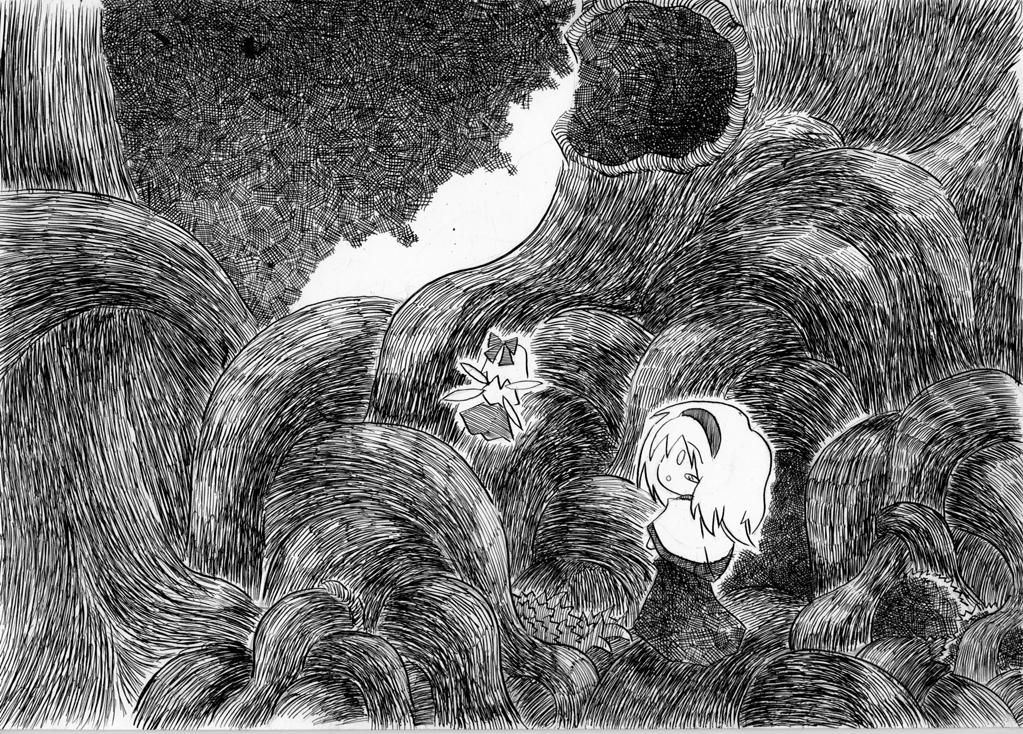 soyanrai, alice margatroid, shanghai doll, touhou, nib pen (medium), pen (medium), traditional media, 1girl, chibi, female focus, greyscale, monochrome, plant roots, scenery, short hair, solo, tree
