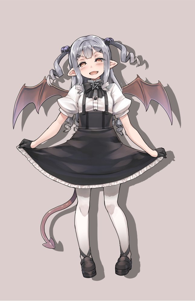 itou ryuusei, original, commentary request, 1girl, black bow, black gloves, black shoes, black skirt, bow, demon girl, demon tail, demon wings, drill hair, full body, gloves, grey background, grey hair, hair ornament, looking at viewer, open mouth, pentagram, shirt, shoes, simple background, skirt, skirt hold, smile, solo, suspender skirt, suspenders, tail, two side up, white shirt, wings, yellow eyes