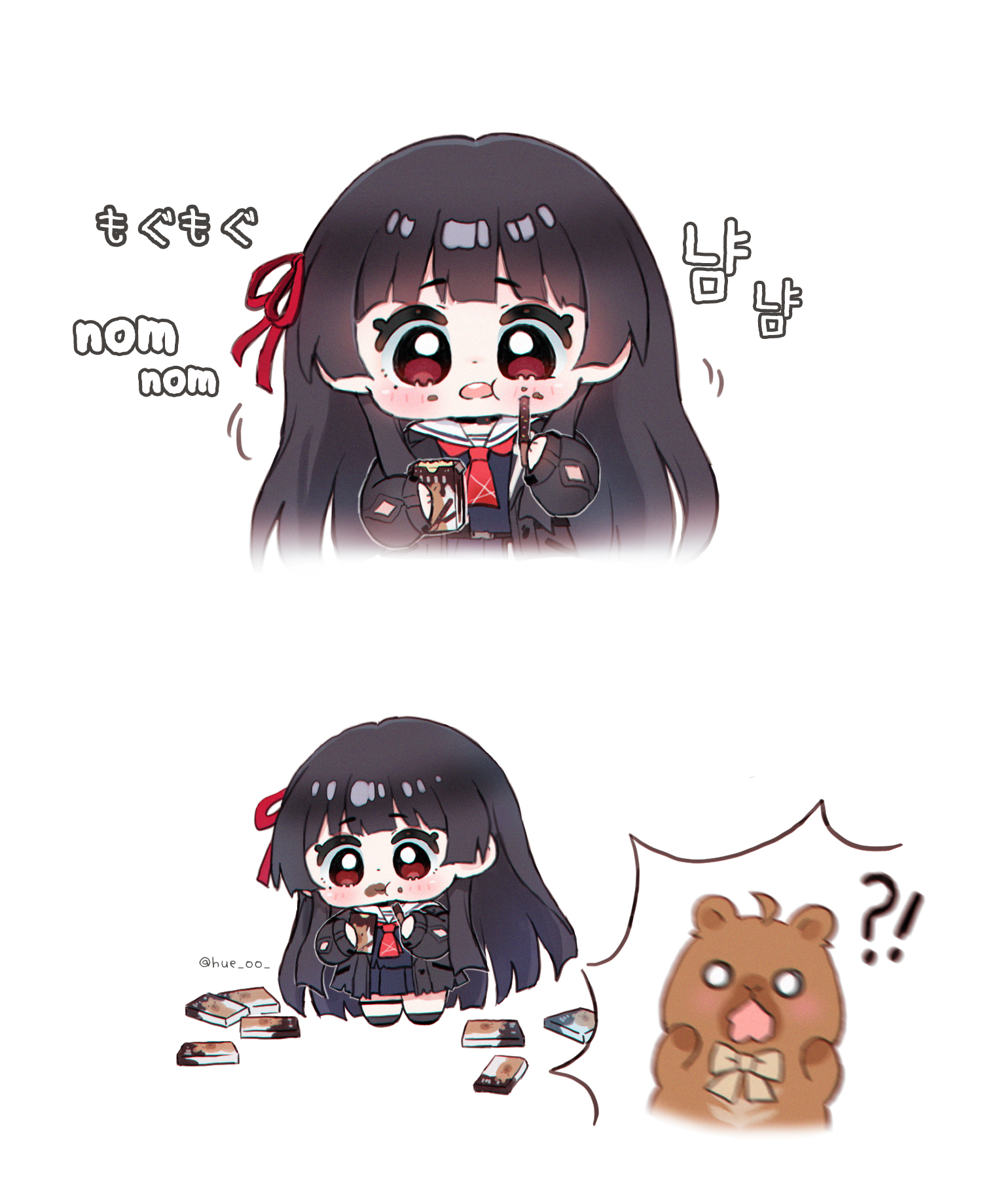 hue oo, chisa (wuthering waves), wuthering waves, commentary request, highres, korean commentary, !?, 1girl, black hair, black jacket, black serafuku, black shirt, black skirt, chibi, chibi only, eating, food, hair ribbon, jacket, long hair, long sleeves, namipon (wuthering waves), neckerchief, pocky, red eyes, red neckerchief, red ribbon, ribbon, sailor collar, school uniform, serafuku, shirt, skirt, white sailor collar