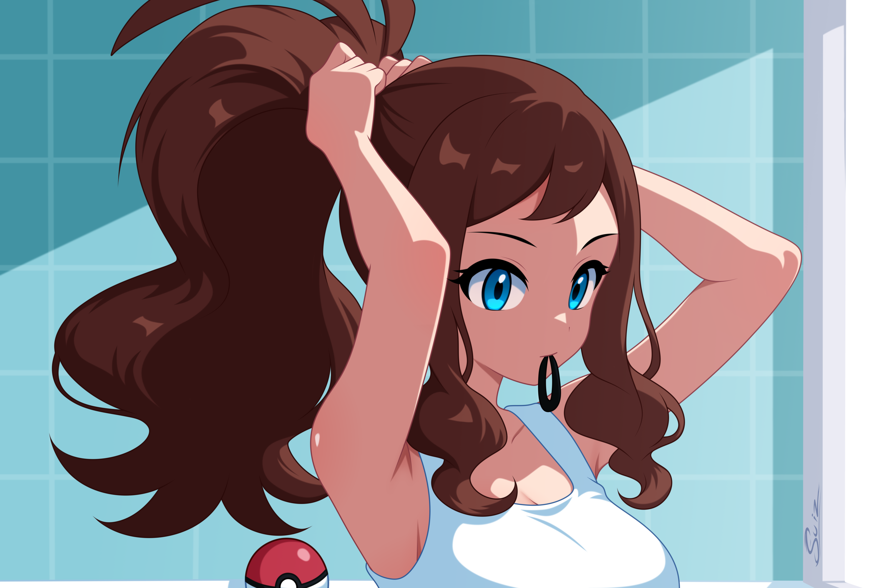 su1zide, hilda (pokemon), nintendo, pokemon, pokemon bw, commentary, english commentary, highres, 1girl, armpits, arms up, blue eyes, breasts, brown hair, cleavage, hair tie in mouth, high ponytail, long hair, medium breasts, mouth hold, poke ball, poke ball (basic), ponytail, sidelocks, solo, tank top, tile wall, tiles, tying hair, very long hair, white tank top