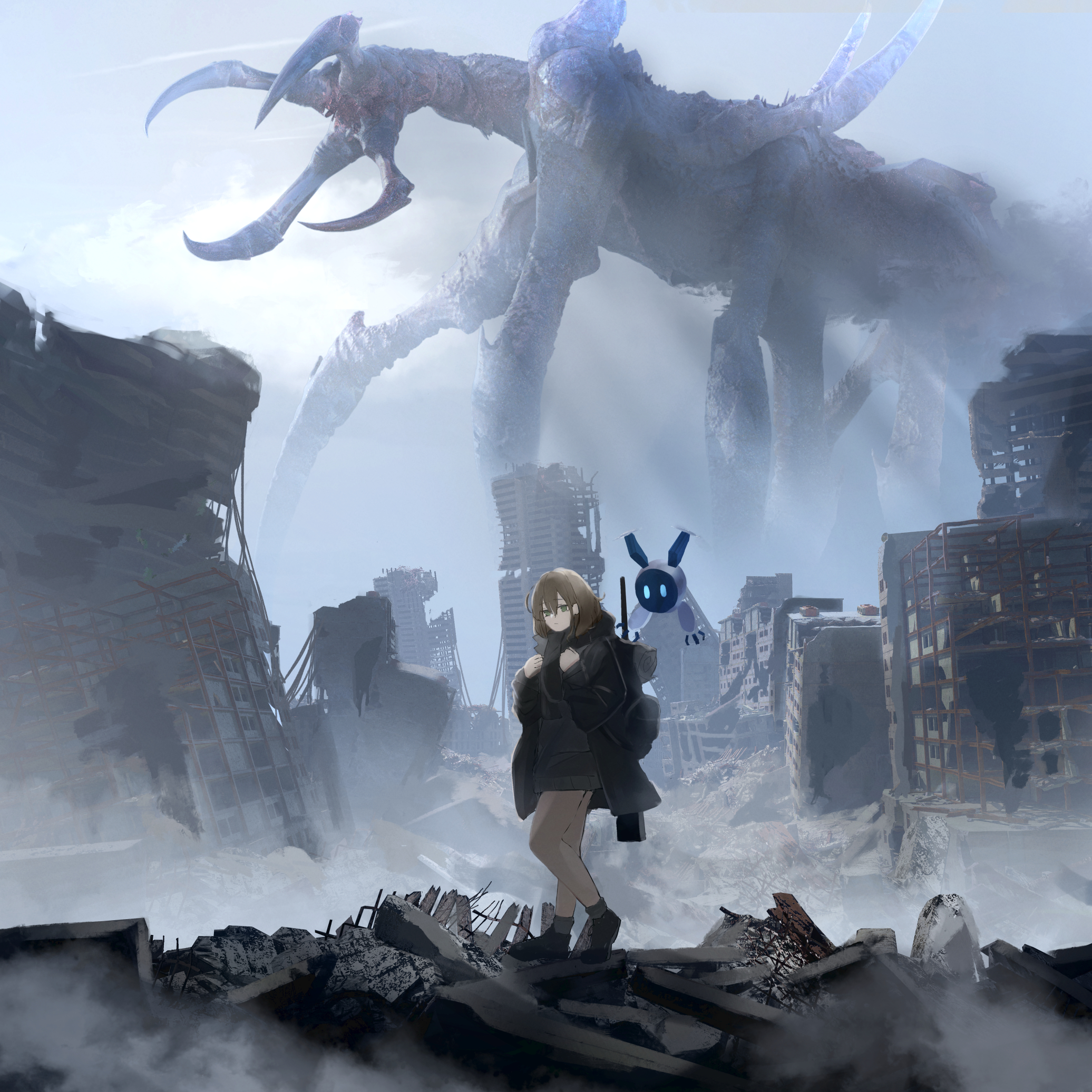 momokurianzu, original, commentary request, concept art, highres, 1girl, 1other, backpack, bag, black dress, black jacket, black shoes, brown hair, cityscape, creature, day, dress, fog, giant, giant monster, green eyes, gun, gun on back, hair between eyes, holding strap, jacket, medium hair, monster, open clothes, open jacket, outdoors, pantyhose, post-apocalypse, rifle, robot, ruins, scenery, science fiction, shoes, sunlight, walking, wasteland, weapon, weapon on back