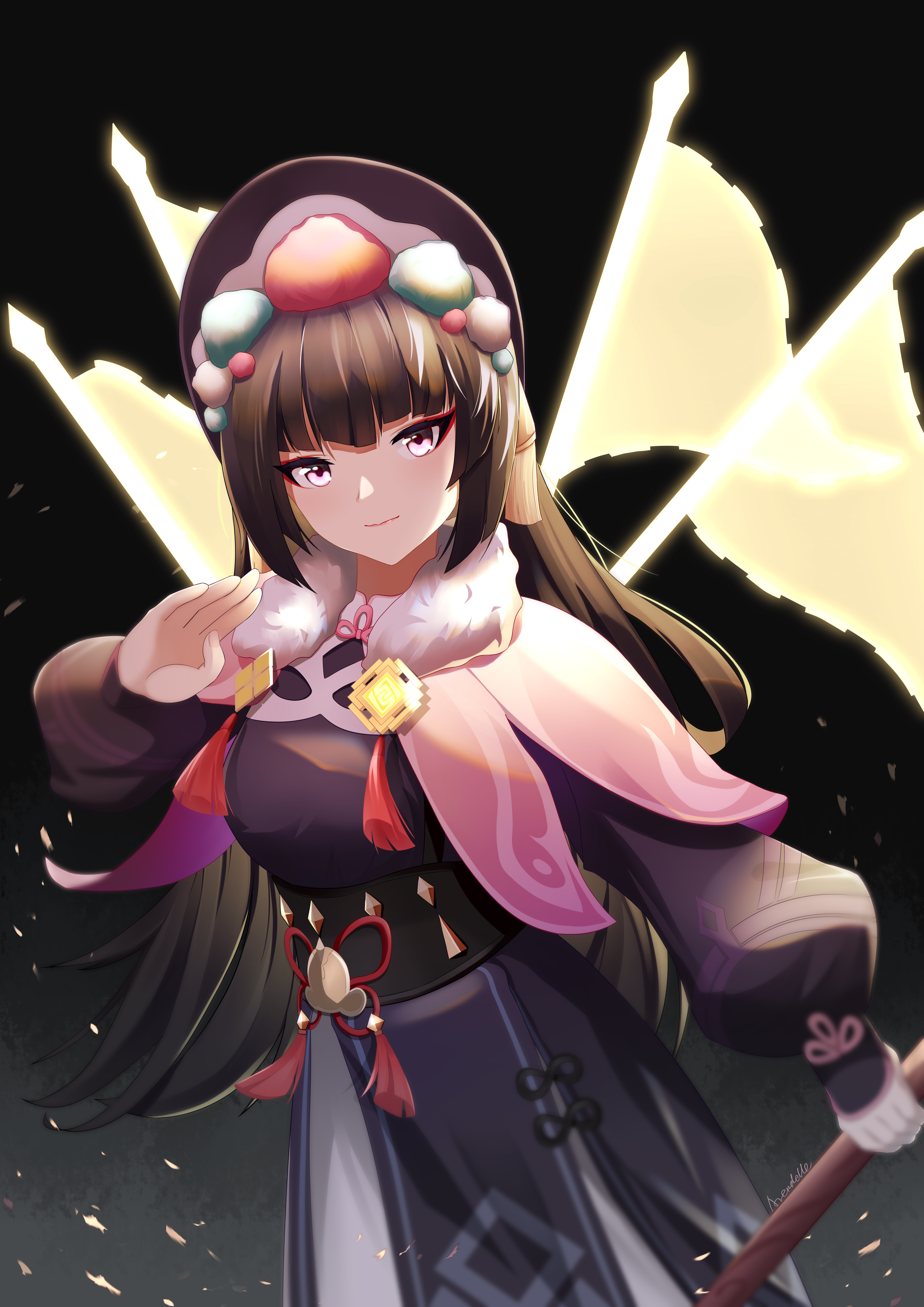 arendelle, yun jin (genshin impact), genshin impact, absurdres, commentary request, highres, 1girl, black hair, blunt bangs, blush, bonnet, capelet, chinese clothes, dress, hair ornament, hands up, hat, long hair, long sleeves, looking at viewer, makeup, purple hair, red eyes, simple background, smile, solo, tassel, vision (genshin impact)