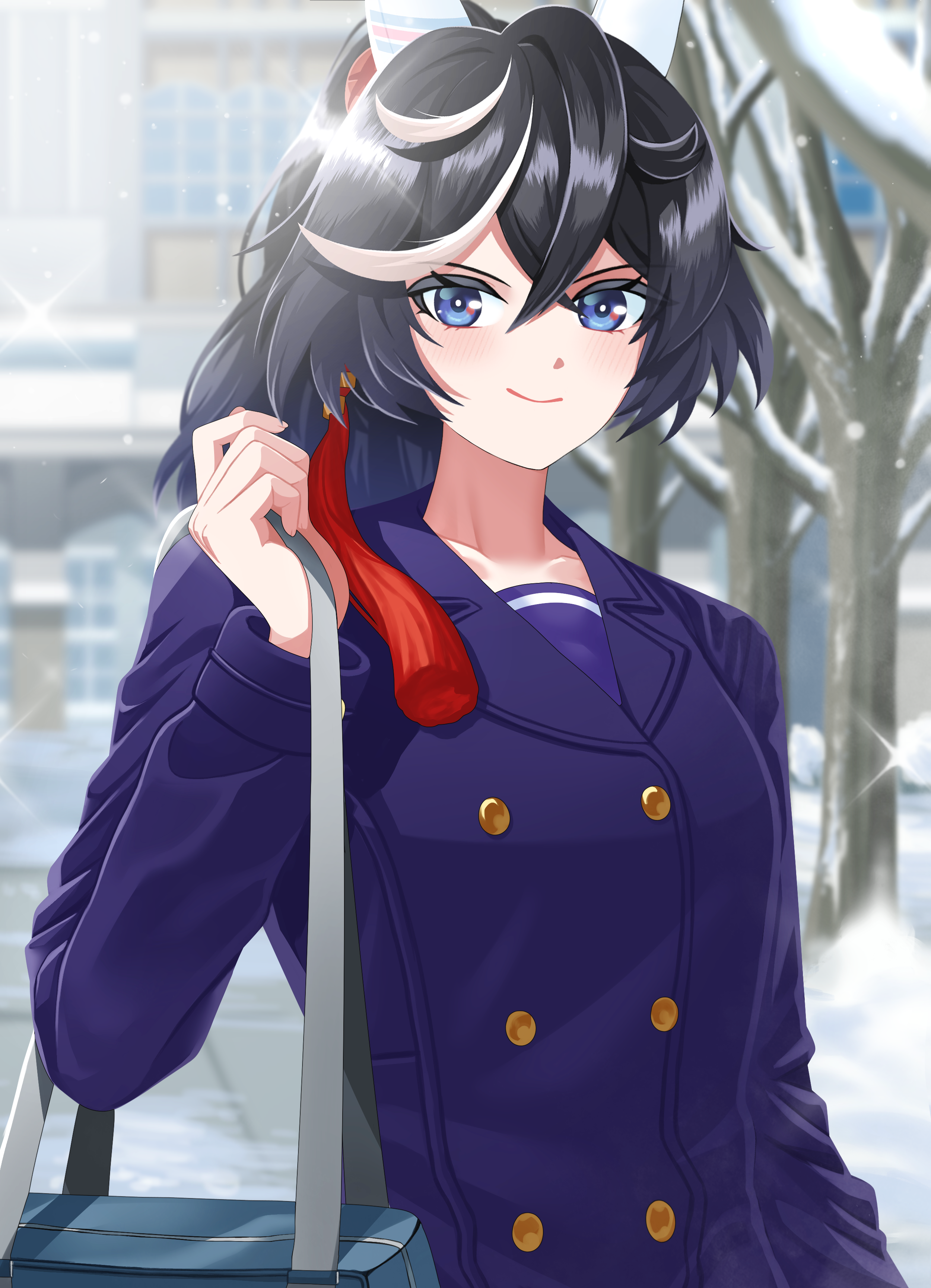bbreaad, katsuragi ace (umamusume), umamusume, absurdres, commentary request, highres, 1girl, animal ears, bag, black hair, blue coat, blue eyes, blush, breasts, buttons, closed mouth, coat, collarbone, double-breasted, ear covers, hair between eyes, hair ornament, horse ears, horse girl, jacket, long hair, long sleeves, looking at viewer, multicolored hair, outdoors, ponytail, school bag, school uniform, shoulder bag, smile, snow, solo, streaked hair, tassel, tassel hair ornament, tracen school uniform, tracen winter coat, tree, white hair, winter clothes, winter coat, winter uniform