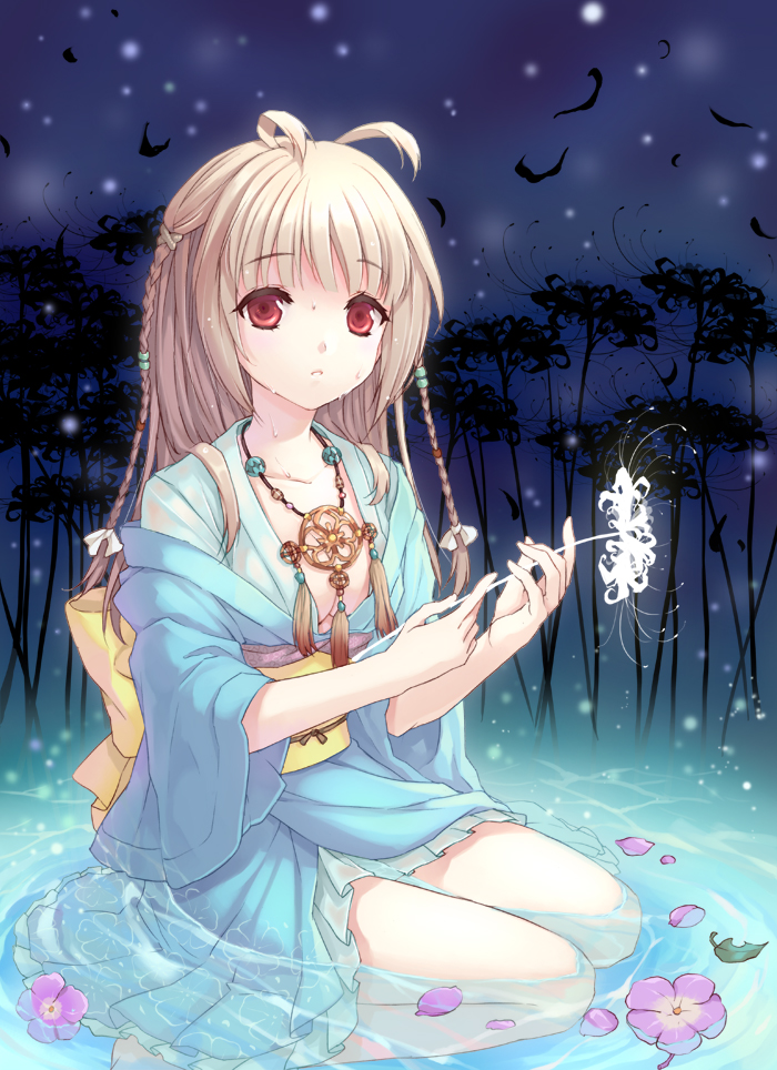 cuteg, dicot, antenna hair, blonde hair, braid, breasts, brown hair, cleavage, flower, japanese clothes, kneeling, long hair, night, petals, red eyes, twin braids, water, wet, yukata