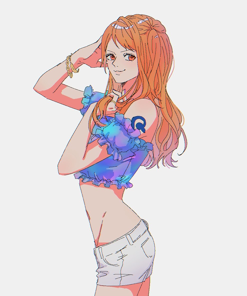 hdksz 39, nami (one piece), one piece, commentary, 1girl, arm tattoo, blush, bracelet, crop top, jewelry, long hair, looking at viewer, midriff, orange eyes, orange hair, pink nails, profile, ring, shorts, simple background, smile, solo, tattoo, white background, white shorts