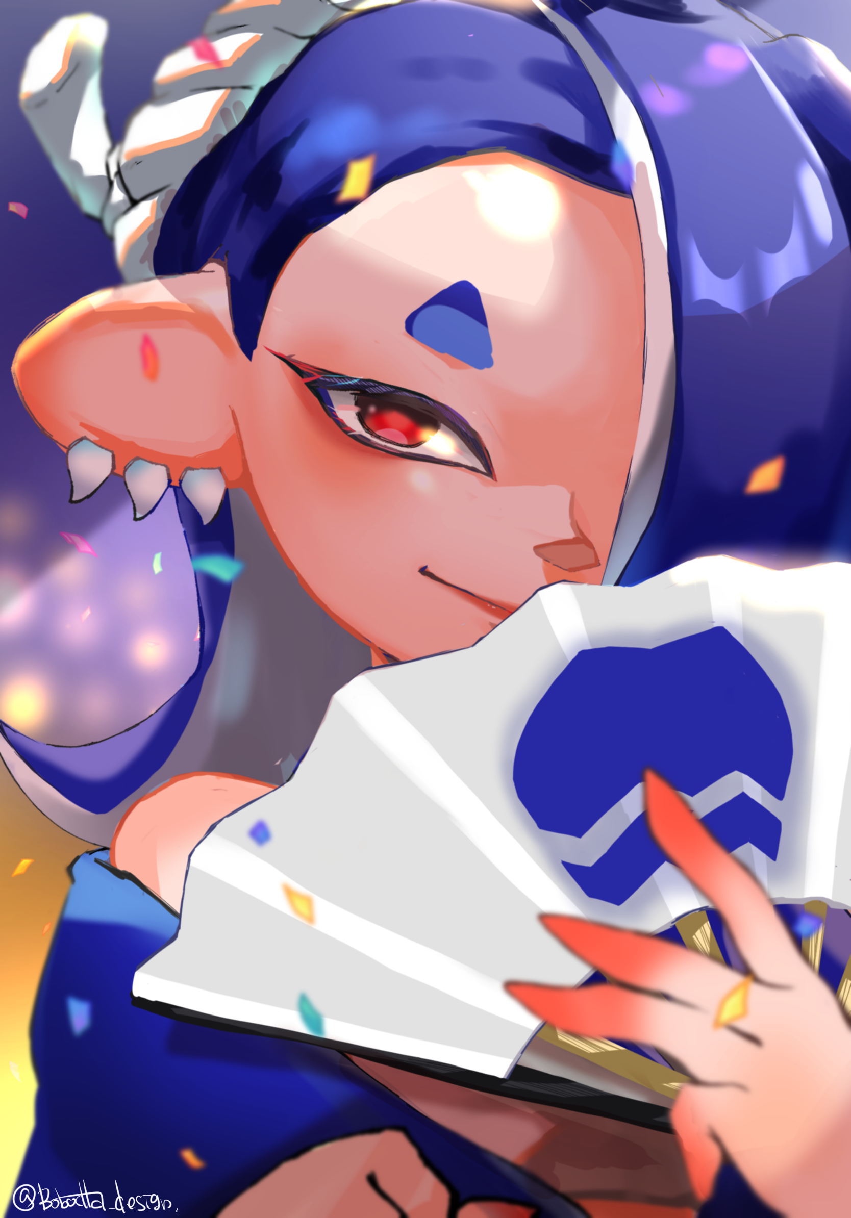 bobocha, shiver (deep cut outfit) (splatoon), shiver (splatoon), nintendo, splatoon (series), splatoon 3, commentary request, highres, 1girl, blue hair, blurry, blurry background, closed mouth, confetti, earrings, eyelashes, folding fan, hair over one eye, hairband, hand fan, jewelry, long hair, looking at viewer, multiple earrings, octoling, red eyes, short eyebrows, smile, solo, tentacle hair, thick eyebrows, tooth earrings, upper body, white hairband
