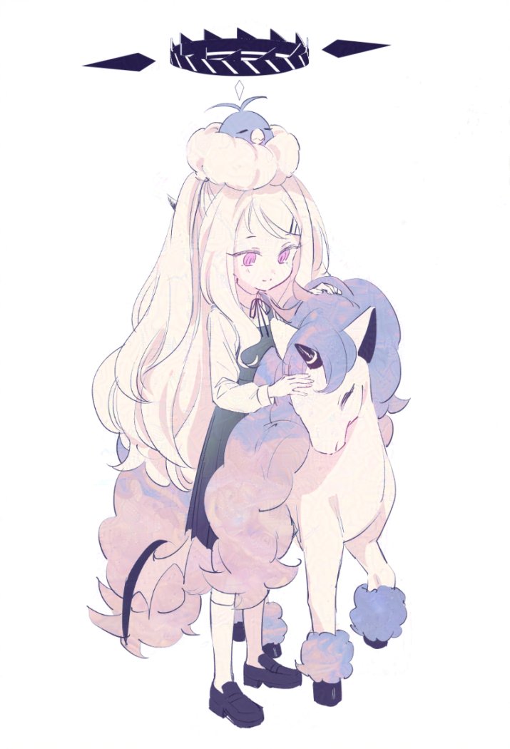 ouri (aya pine), hina (blue archive), blue archive, fluffy hair, 1girl, black halo, black horns, black ribbon, black shoes, closed mouth, collared shirt, demon girl, demon horns, demon wings, dress, full body, hair ornament, hairclip, halo, hand up, horns, kneehighs, loafers, long hair, long sleeves, looking at animal, looking down, low wings, neck ribbon, parallel hairclips, petting, pinafore dress, purple eyes, ribbon, shirt, shoes, simple background, sleeveless, sleeveless dress, smile, socks, solo, standing, swept bangs, unicorn, very long hair, white background, white hair, white shirt, white socks, wings