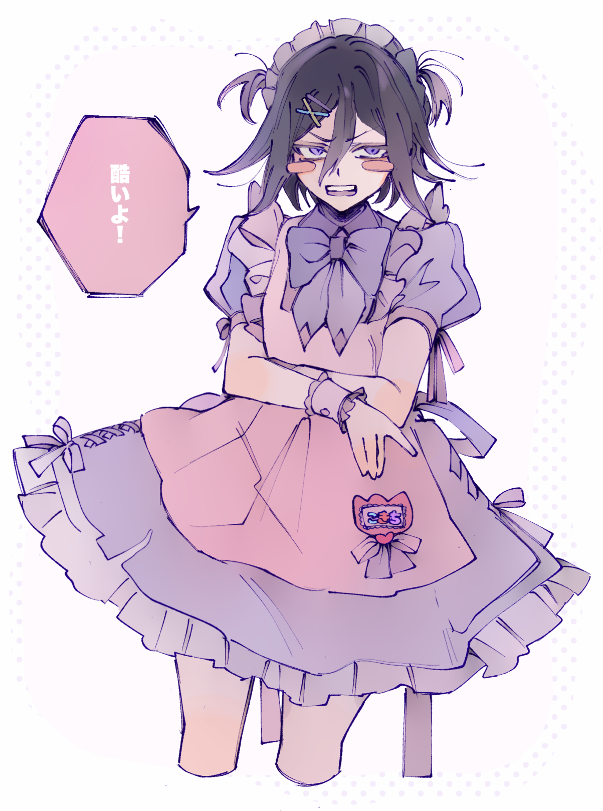 hamipuro, oma kokichi, danganronpa (series), danganronpa v3: killing harmony, commentary request, highres, partial commentary, translation request, 1boy, alternate costume, annoyed, apron, blush stickers, bow, bowtie, collared shirt, cropped legs, crossdressing, crossdressing (mtf), crossed arms, dress, enmaided, flipped hair, frilled dress, frills, glaring, grey apron, grey dress, hair between eyes, maid, maid headdress, male focus, male maid, medium hair, puffy short sleeves, puffy sleeves, shirt, short hair, short sleeves, simple background, solo, speech bubble, teeth, trap, two side up, upper teeth only, white background, wrist cuffs