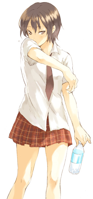 sakamoto atsumu, bottle, brown eyes, brown hair, necktie, school uniform, short hair, simple background, skirt, solo