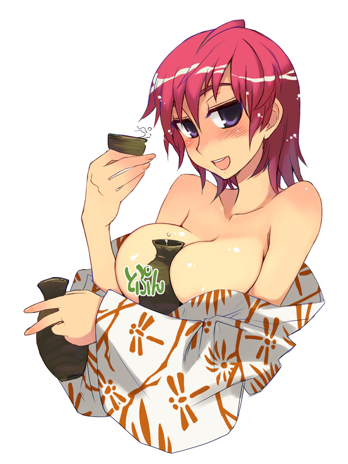 kusanagi tonbo, original, character request, source request, 1girl, alcohol, bare shoulders, between breasts, blush, breasts, choko (cup), cleavage, cup, female focus, huge breasts, japanese clothes, kimono, kimono pull, large breasts, purple eyes, red hair, sake, short hair, simple background, smile, solo, tokkuri, yukata