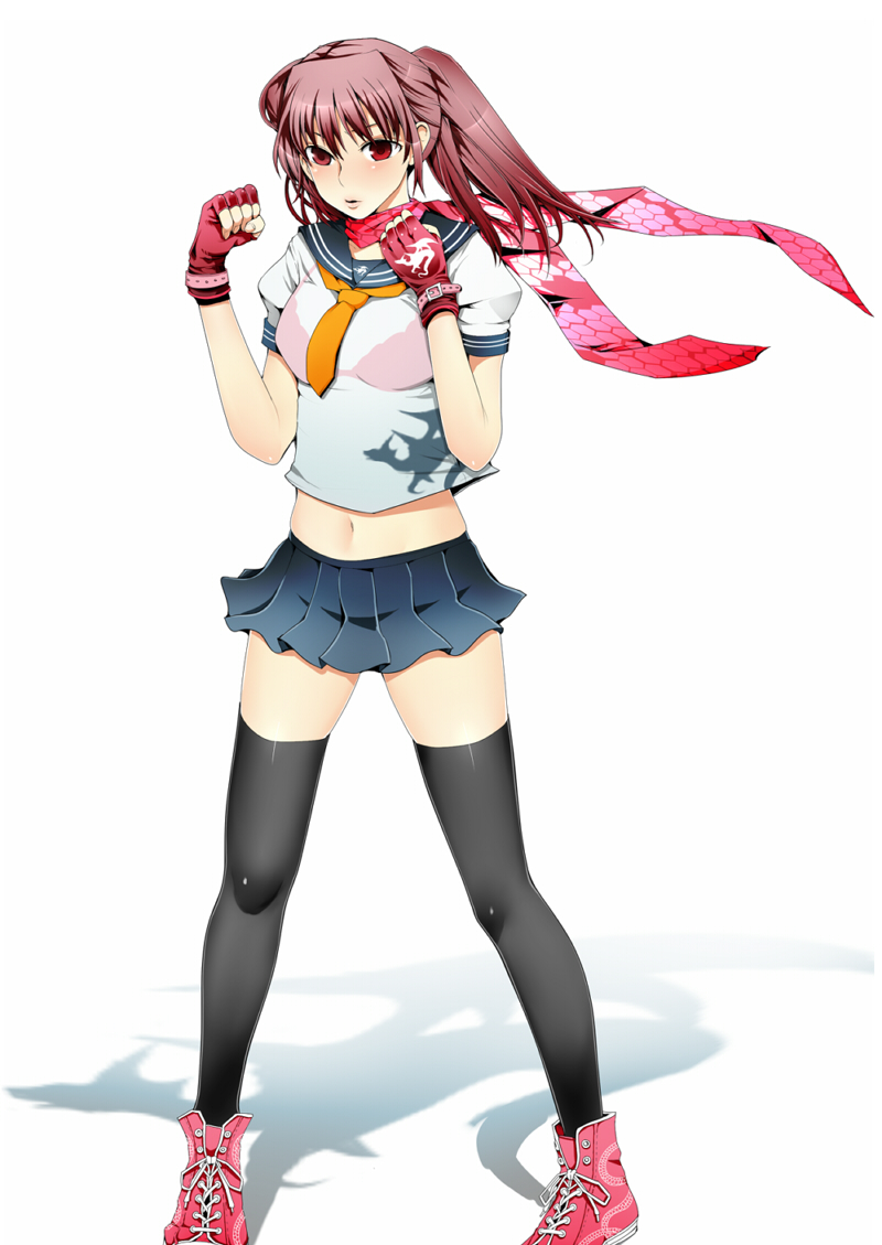 nakasone haiji, original, bad id, bad pixiv id, 1girl, black thighhighs, bra, brown hair, clenched hand, female focus, fingerless gloves, gloves, legs, lingerie, lips, midriff, navel, red eyes, see-through clothes, shoes, simple background, skirt, sneakers, solo, thighhighs, underwear, white background, zettai ryouiki