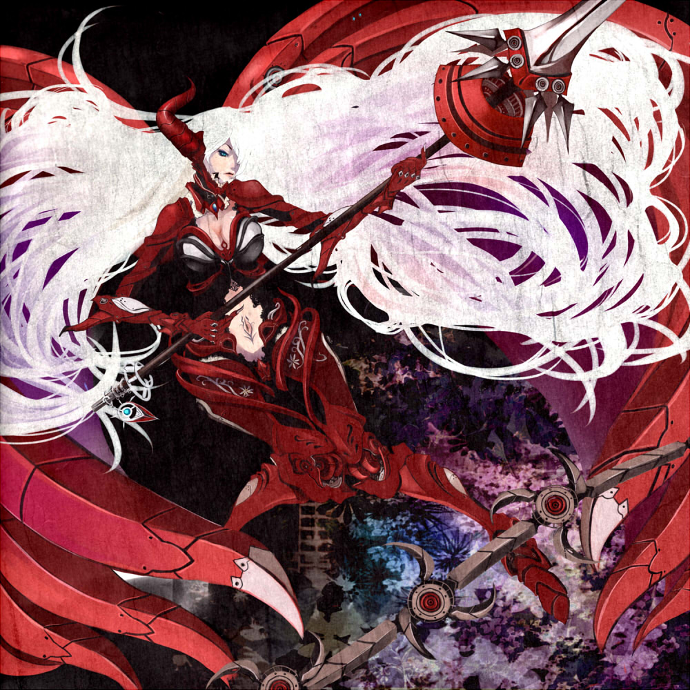 shigureteki, original, armor, blue eyes, horns, lance, long hair, navel, polearm, solo, very long hair, weapon, white hair, wings