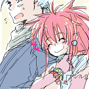 arche klein, chester burklight, tales of (series), tales of phantasia, lowres, 1boy, 1girl, couple, cuddling, heart, hetero, hug, pink hair