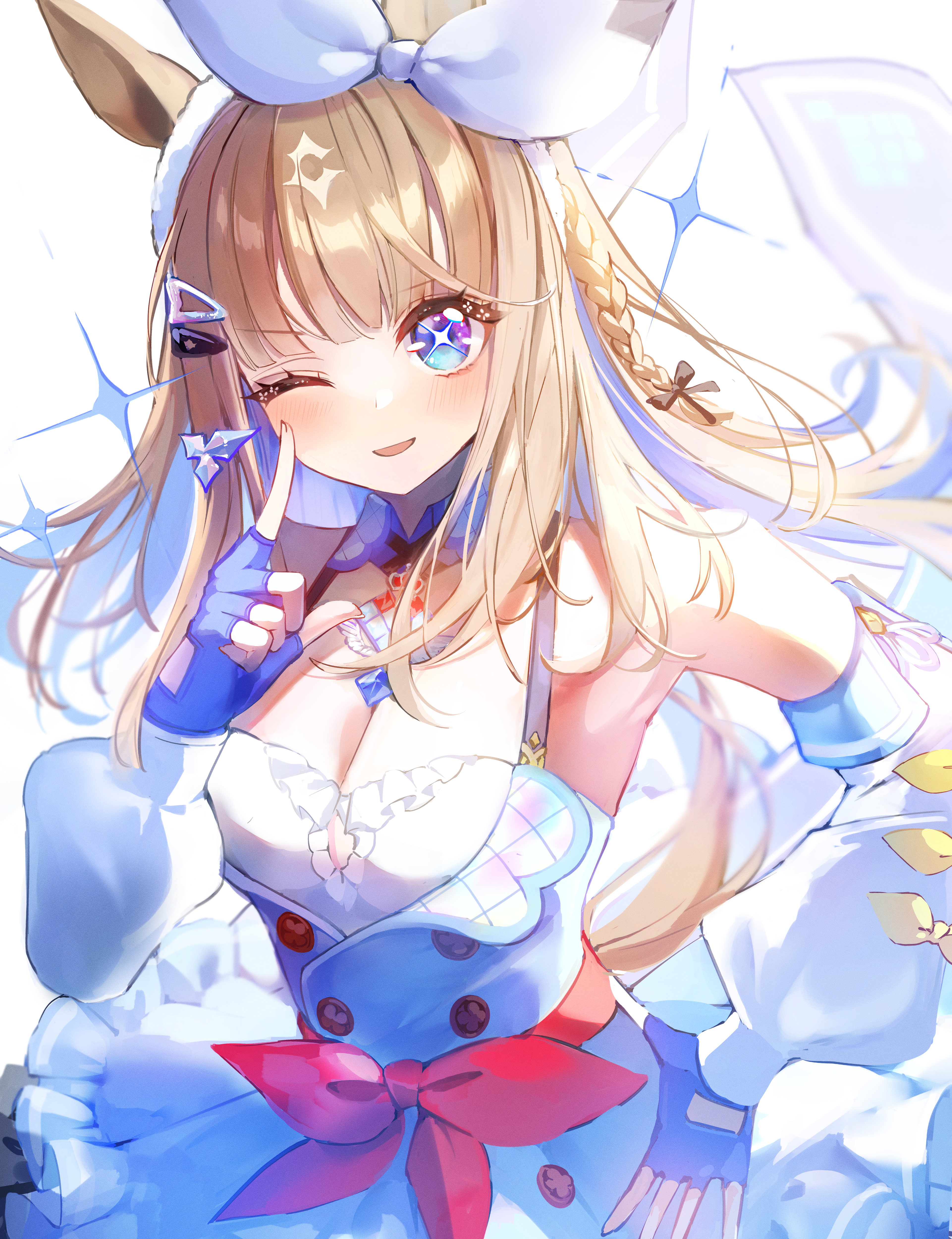 ec44gp4lflmi1wz, almond eye (umamusume), umamusume, absurdres, commentary request, highres, + +, 1girl, animal ears, bare shoulders, blue dress, blue eyes, blue gloves, blush, bow, bow hairband, braid, braided sidelocks, breasts, brown hair, cleavage, colored inner hair, detached sleeves, dress, fingerless gloves, gloves, hair between eyes, hair ornament, hairband, hairclip, horse ears, horse girl, long hair, looking at viewer, medium breasts, multicolored hair, one eye closed, open mouth, smile, solo, symbol-shaped pupils, too many hair ornaments, white dress, white hairband, x-shaped pupils