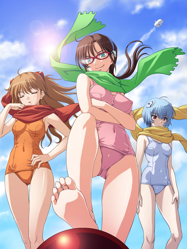 tadano akira, ayanami rei, makinami mari illustrious, mass production eva, souryuu asuka langley, evangelion: 2.0 you can (not) advance, neon genesis evangelion, rebuild of evangelion, 00s, 3girls, barefoot, day, feet, glasses, hairband, legs, lens flare, multiple girls, one-piece swimsuit, orange one-piece swimsuit, pink one-piece swimsuit, scarf, school swimsuit, swimsuit, white one-piece swimsuit, white school swimsuit