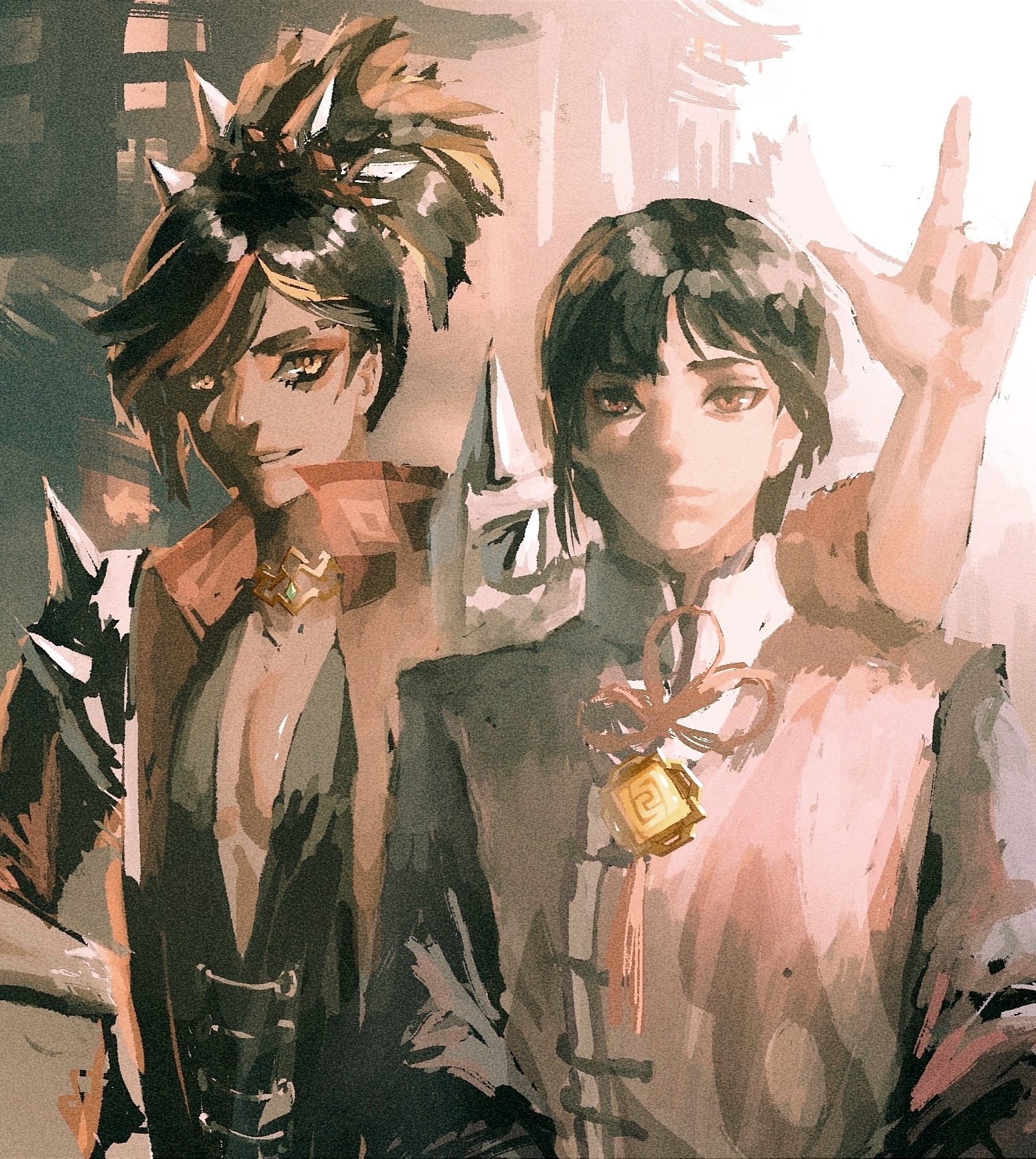 baijinhuaji, xinyan (genshin impact), yun jin (genshin impact), genshin impact, commentary request, highres, 2boys, black hair, brown hair, chinese clothes, dark skin, genderswap, genderswap (ftm), hair between eyes, hair ornament, hand up, looking at viewer, multicolored hair, multiple boys, open mouth, purple hair, red eyes, red hair, smile, spikes, streaked hair, vision (genshin impact)