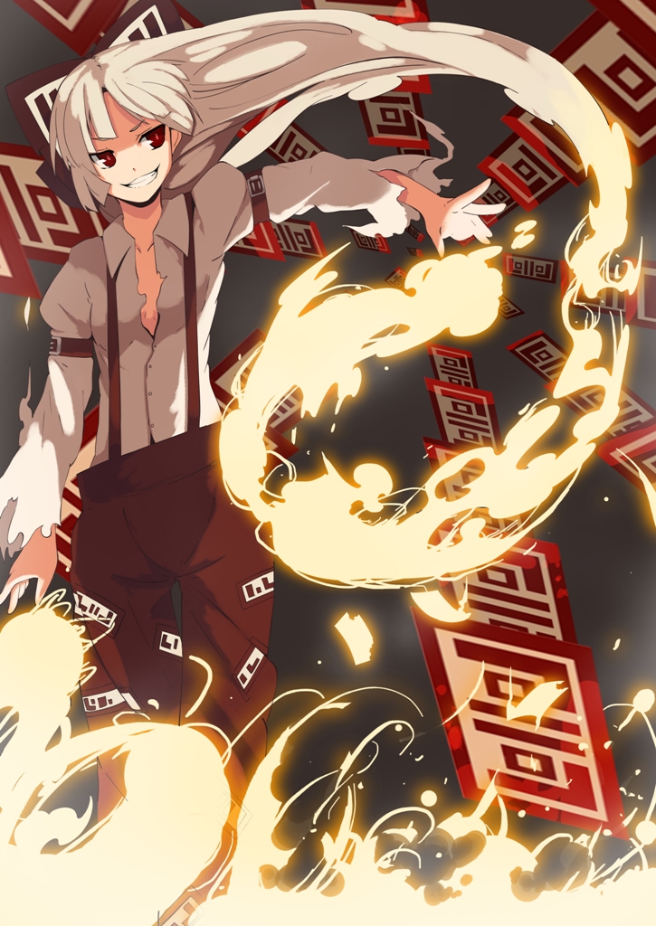 fuurin (omaemona), fujiwara no mokou, touhou, bad id, bad pixiv id, 1girl, blouse, female focus, fire, ofuda, ofuda on clothes, shirt, solo, white shirt