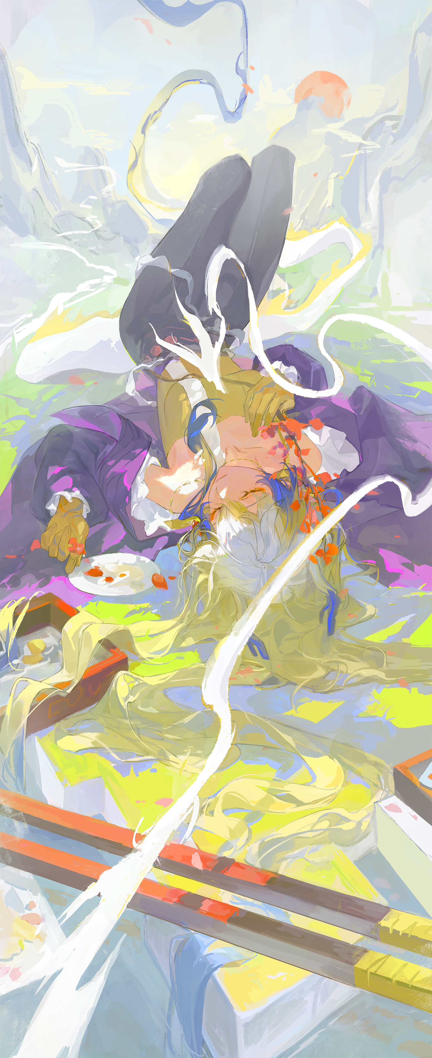 shu (arknights), shu (spring feast) (arknights), arknights, absurdres, commentary request, highres, 1girl, bare shoulders, blue hair, branch, closed eyes, closed mouth, colored extremities, dragon girl, dragon horns, dragon tail, eastern dragon tail, eyeliner, grey hair, hair between eyes, hair spread out, holding, holding branch, horns, jacket, jiu jiuhu che, knees up, long hair, long sleeves, lying, makeup, multicolored hair, on back, orange eyeliner, outdoors, plate, purple jacket, smile, solo, sun, tail, upside-down, yellow hands