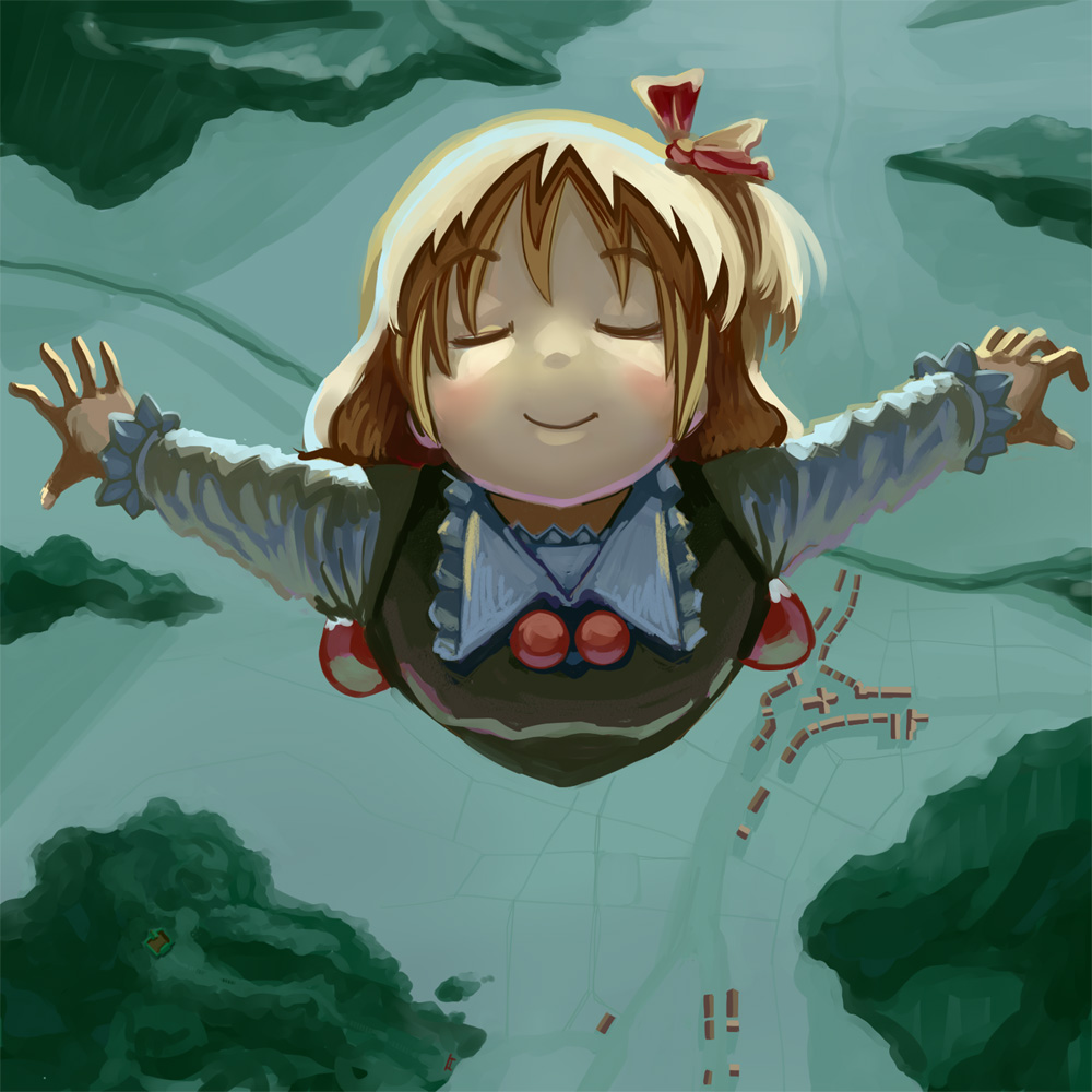 maku (artist), maku (wasabishock), rumia, embodiment of scarlet devil, touhou, 1girl, ^ ^, blonde hair, close-up, closed eyes, female focus, flying, foreshortening, outstretched arms, ribbon, smile, solo, spread arms