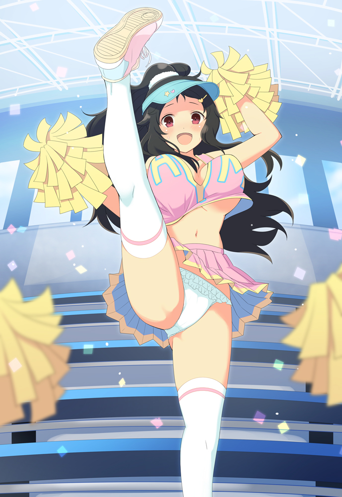 ayame (senran kagura), senran kagura, senran kagura new wave, game cg, official art, 1girl, :d, bleachers, breasts, brown hair, cheering, cheerleader, cleavage, confetti, crop top, frilled panties, frills, hair ribbon, high kick, high ponytail, holding, holding pom poms, kicking, large breasts, long hair, looking at viewer, midriff, miniskirt, navel, official alternate costume, official alternate hairstyle, open mouth, panties, pantyshot, pom pom (cheerleading), pom poms, ponytail, red eyes, red ribbon, ribbon, shoes, skirt, smile, sneakers, solo, underboob, underwear, visor cap, white panties