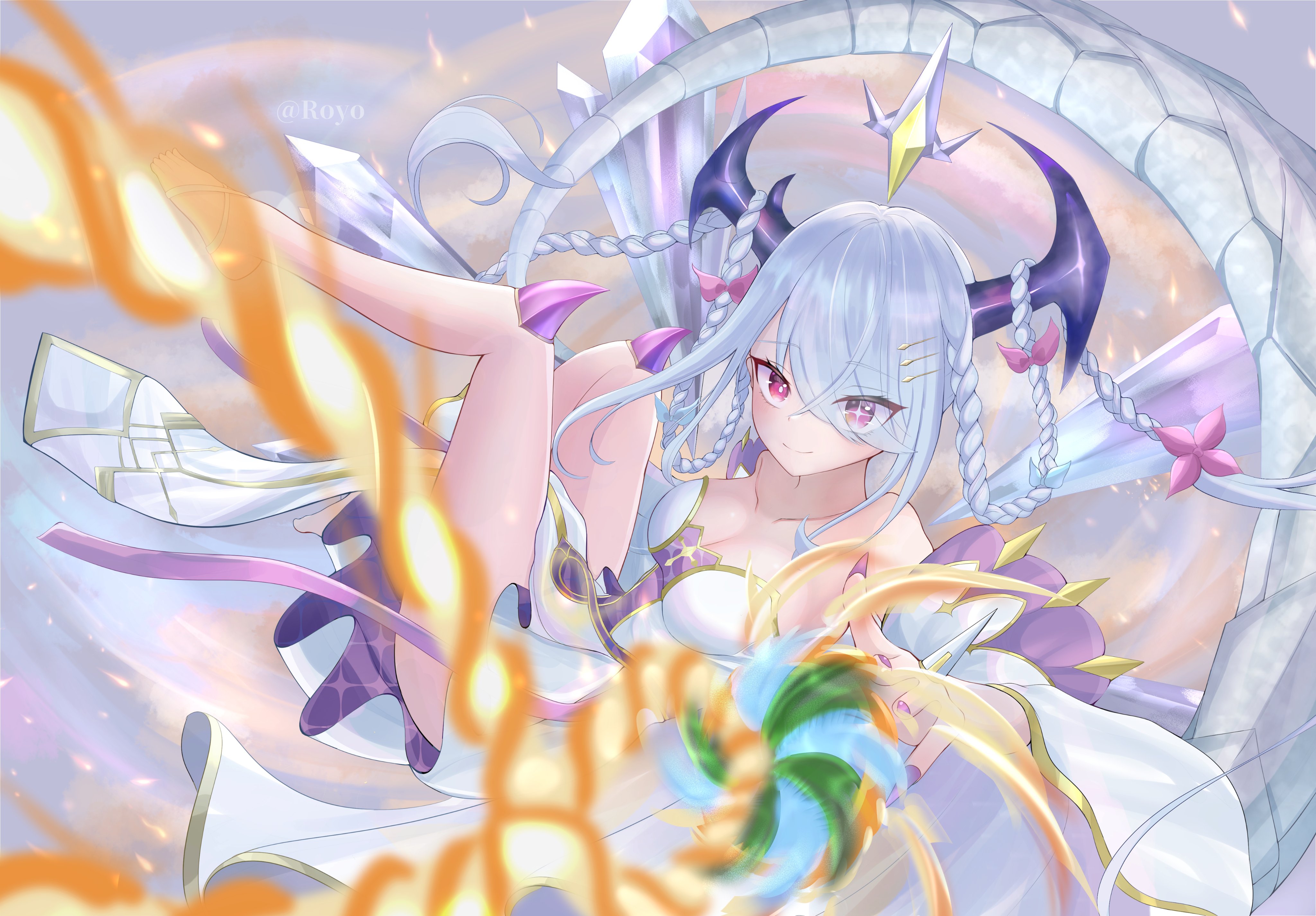 royo21294110, duel masters, absurdres, commentary request, highres, bow, braid, breasts, cleavage, closed mouth, cross-shaped pupils, cyclepedia (duel masters), dragon girl, dragon horns, dragon tail, dress, energy beam, eyes visible through hair, flower, grey hair, hair bow, hair flower, hair on horn, hair ornament, hair over one eye, horns, knee horn, long hair, pink bow, pink eyes, purple horns, purple nails, symbol-shaped pupils, tail, twin braids, white dress, white horns