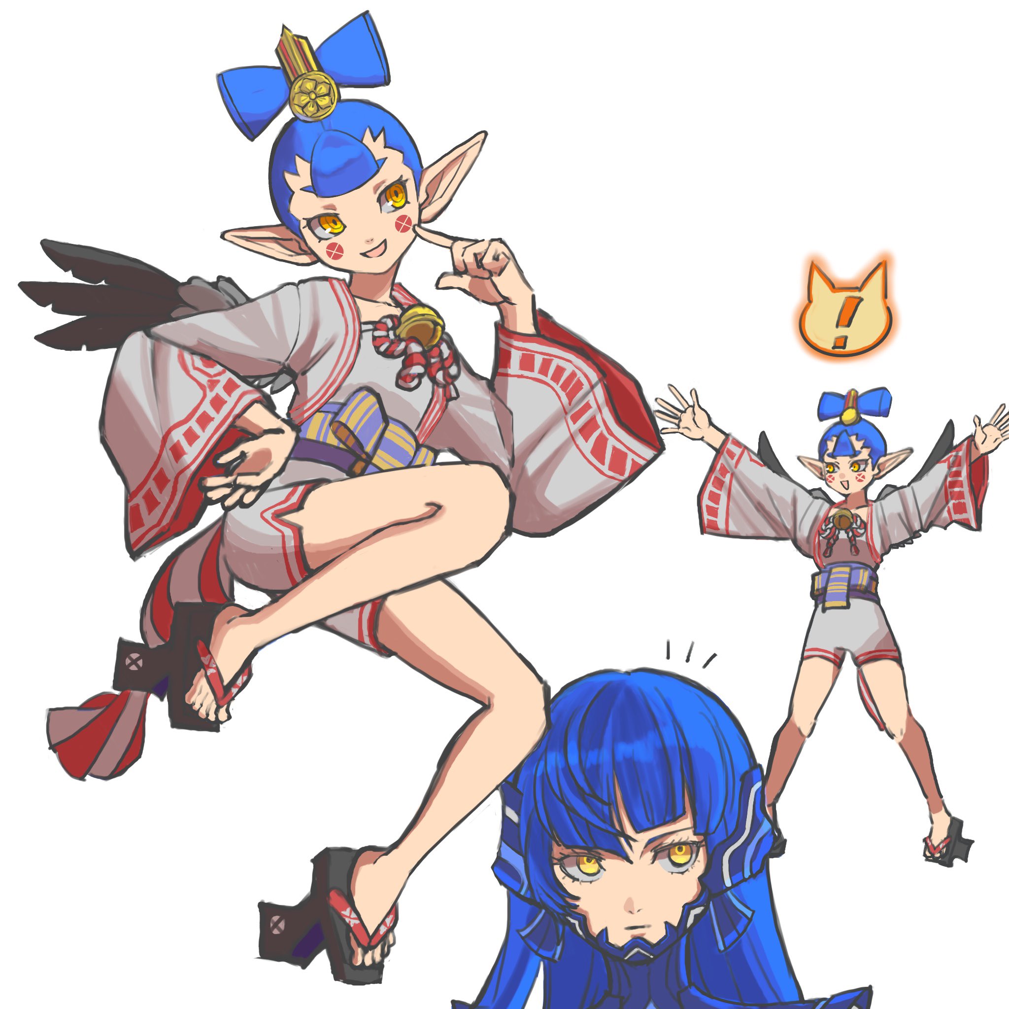 amanozako (megami tensei), protagonist (smtv), shin megami tensei, shin megami tensei v, shin megami tensei v: vengeance, hashtag-only commentary, highres, !, 1boy, 1girl, androgynous, blue hair, closed mouth, demon (megami tensei), geta, long hair, notice lines, outstretched arms, pointy ears, simple background, smile, tsumigame pro, white background, wide sleeves, yellow eyes