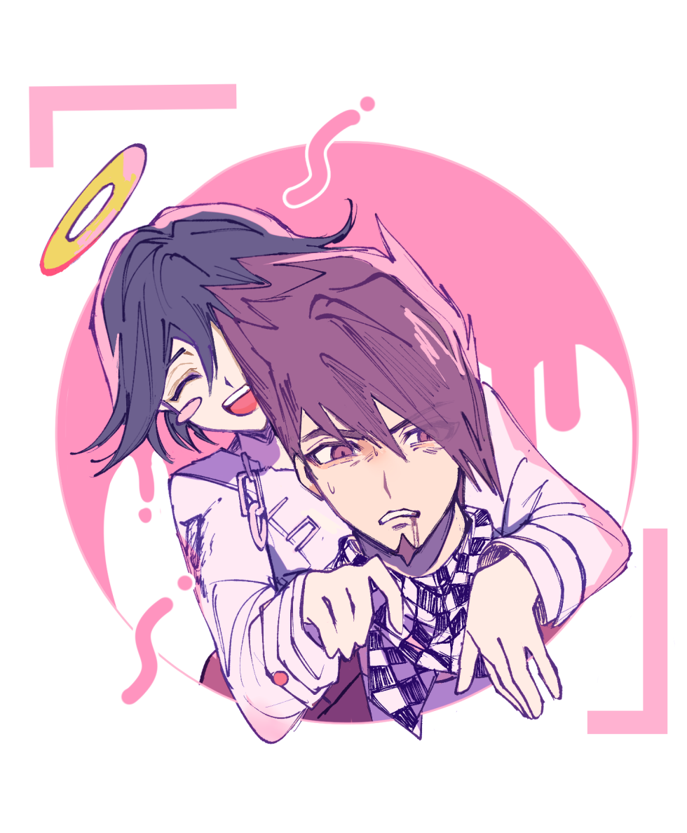 hamipuro, momota kaito, oma kokichi, danganronpa (series), danganronpa v3: killing harmony, commentary request, partial commentary, spoilers, 2boys, annoyed, black hair, bleeding, blood, blood from mouth, blood on clothes, checkered clothes, checkered scarf, dripping, facial hair, goatee, hair between eyes, halo, happy, jacket, long sleeves, male focus, multiple boys, open mouth, portrait, purple eyes, purple facial hair, purple hair, scarf, shirt, short hair, smile, spiked hair, sweatdrop, two-tone scarf, viewfinder, white background