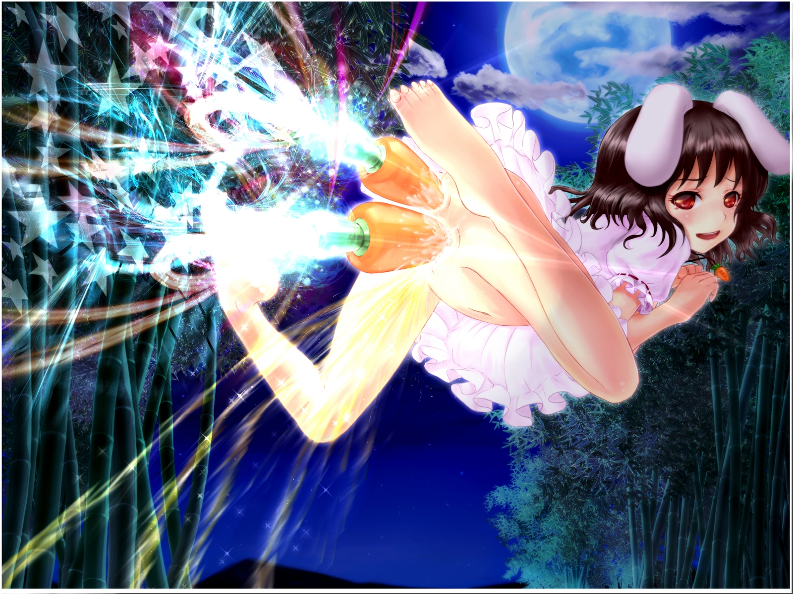 cabbaco, inaba tewi, touhou, bad id, bad pixiv id, highres, 1girl, anal, animal ears, carrot, dildo, double penetration, female focus, food, food insertion, large insertion, multiple penetration, navel, object insertion, pee, peeing, rabbit ears, sex toy, solo, uncensored, vaginal, what