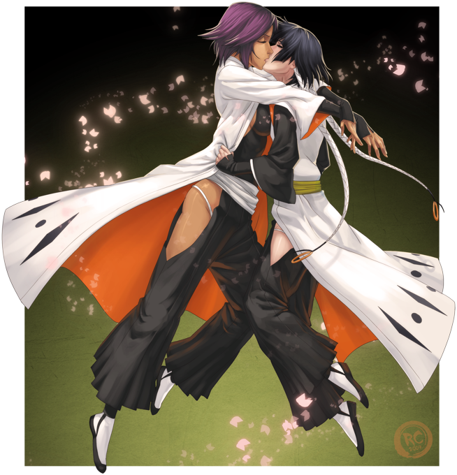 pokefreak, shihouin yoruichi, sui-feng, bleach, bleach: turn back the pendulum, 2girls, black hair, closed eyes, dark skin, haori, hug, japanese clothes, kiss, multiple girls, pairing, purple hair, rogio custodio, short hair, taichou haori, time paradox, twintails, yuri