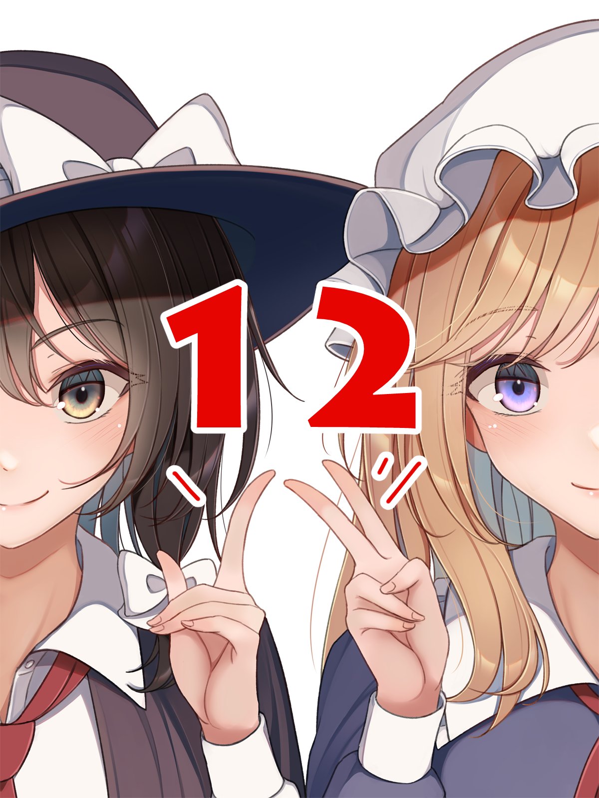 fumei (mugendai), maribel hearn, usami renko, touhou, commentary request, highres, 2girls, black hat, blonde hair, bow, brown eyes, brown hair, closed mouth, collared dress, collared shirt, dress, fedora, hat, hat bow, index finger raised, long hair, long sleeves, mob cap, multiple girls, necktie, puffy sleeves, purple dress, purple eyes, red necktie, shirt, short hair, simple background, smile, v, white background, white bow, white hat, white shirt