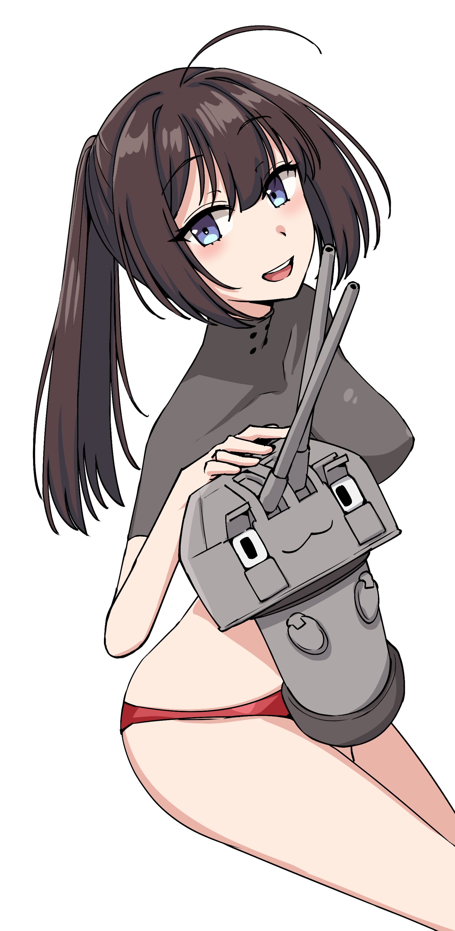 kiritto, akizuki (kancolle), chou-10cm-hou-chan, chou-10cm-hou-chan (akizuki's), kantai collection, absurdres, commentary request, highres, 1girl, ahoge, black hair, grey eyes, grey shirt, long hair, open mouth, panties, ponytail, red panties, shirt, simple background, sitting, solo, teeth, undershirt, underwear, upper teeth only, white background